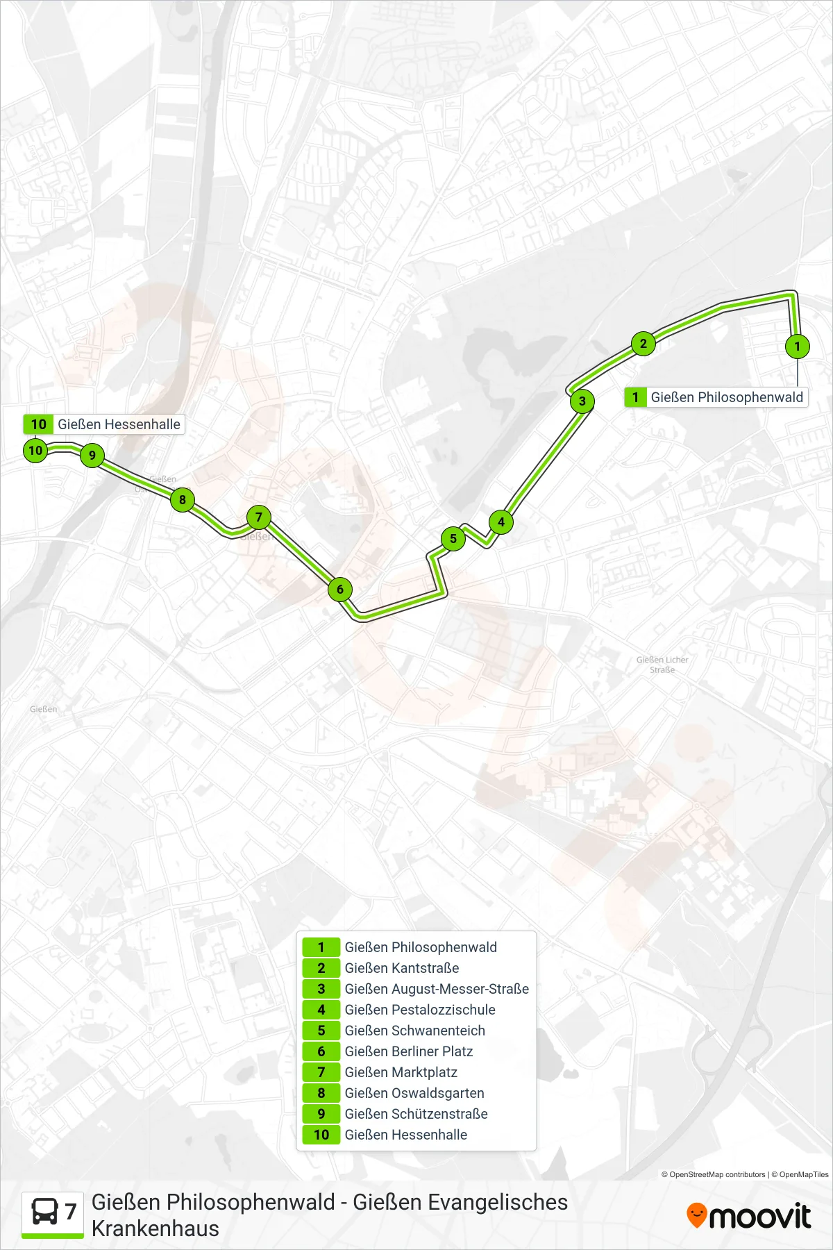 Linie 7 (Bus) Richtung Gießen Hessenhalle: Route und Haltestellen auf der Karte