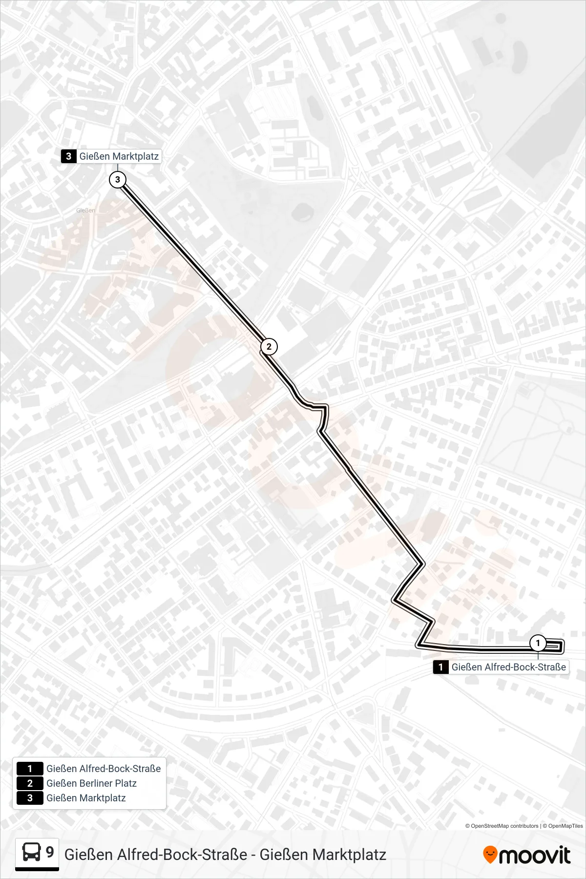 Linie 9 (Bus) Richtung Gießen Marktplatz: Route und Haltestellen auf der Karte