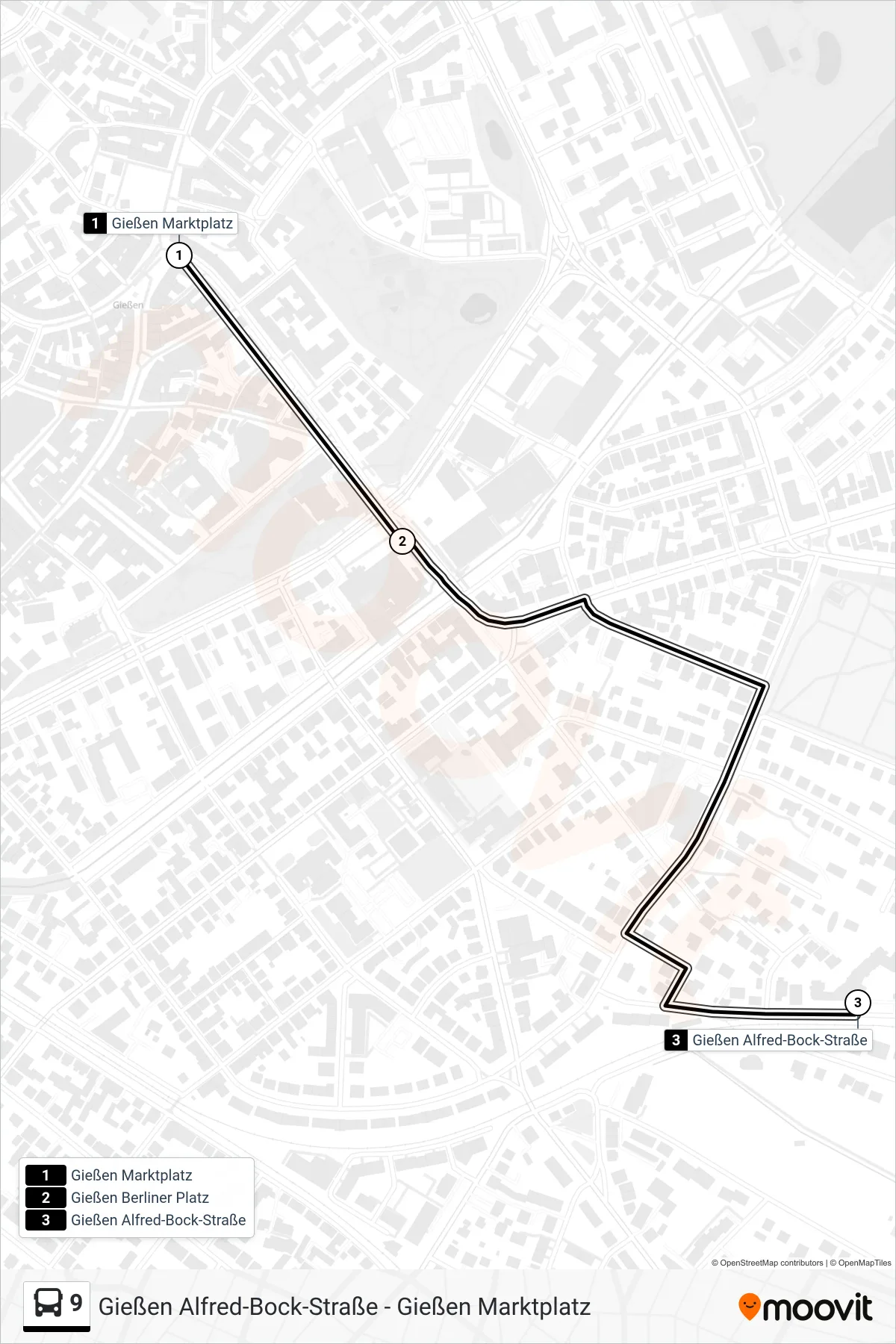 Linie 9 (Bus) Richtung Gießen Alfred-Bock-Straße: Route und Haltestellen auf der Karte