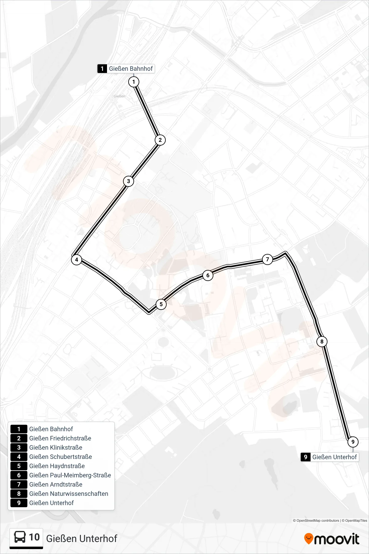 Linie 10 (Bus) Richtung Gießen Unterhof: Route und Haltestellen auf der Karte
