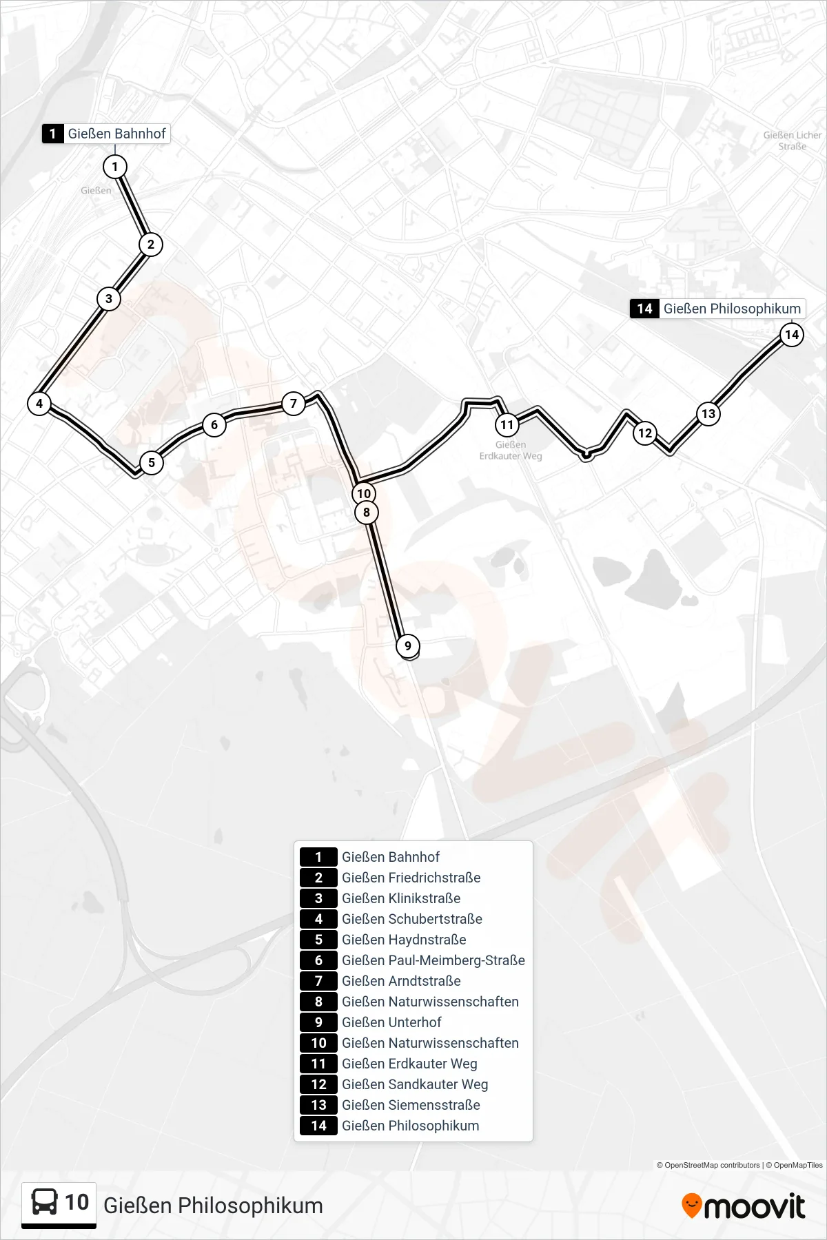 10 bus Line (Gießen Philosophikum) route and stops on a map