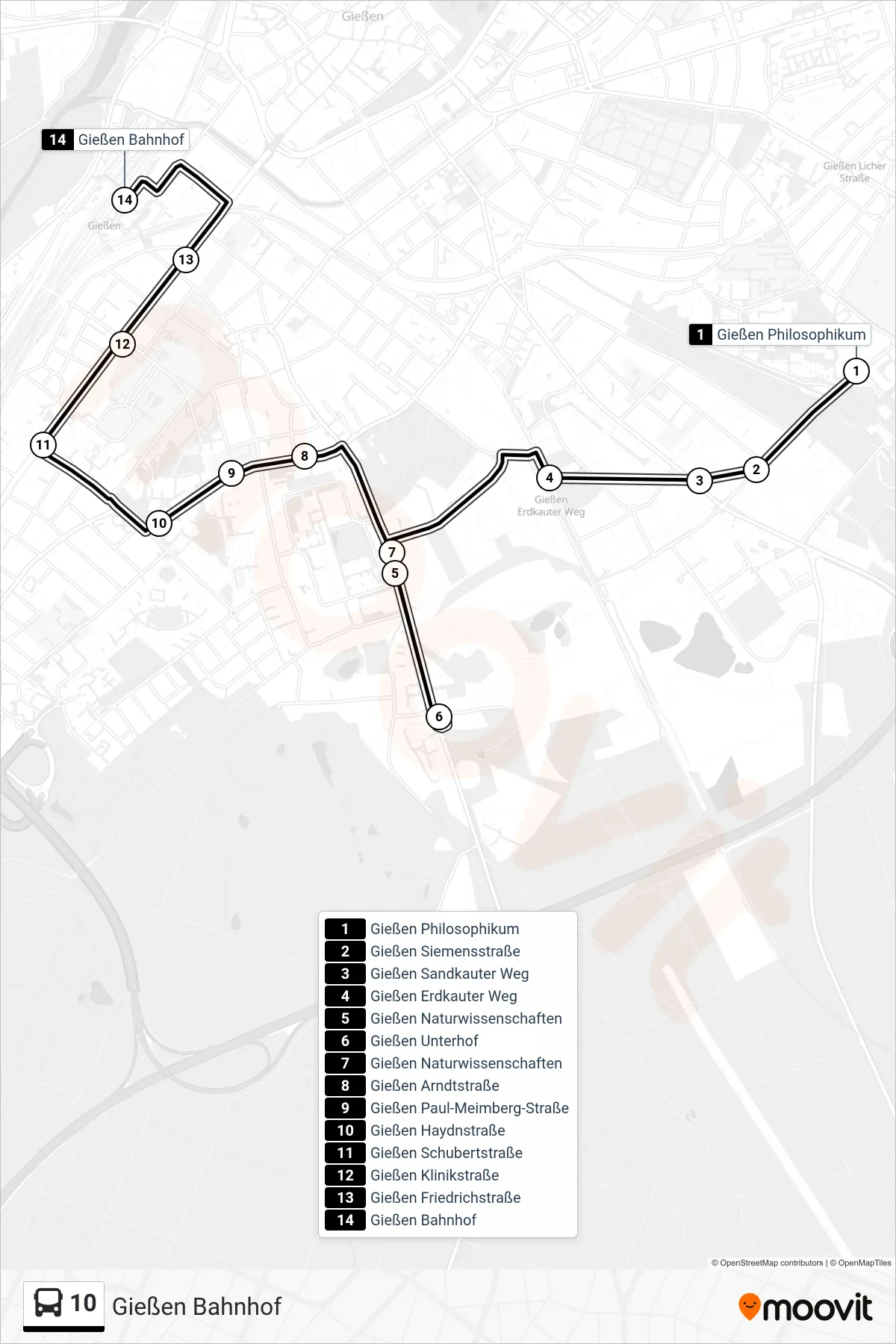 10 bus Line (Gießen Bahnhof) route and stops on a map