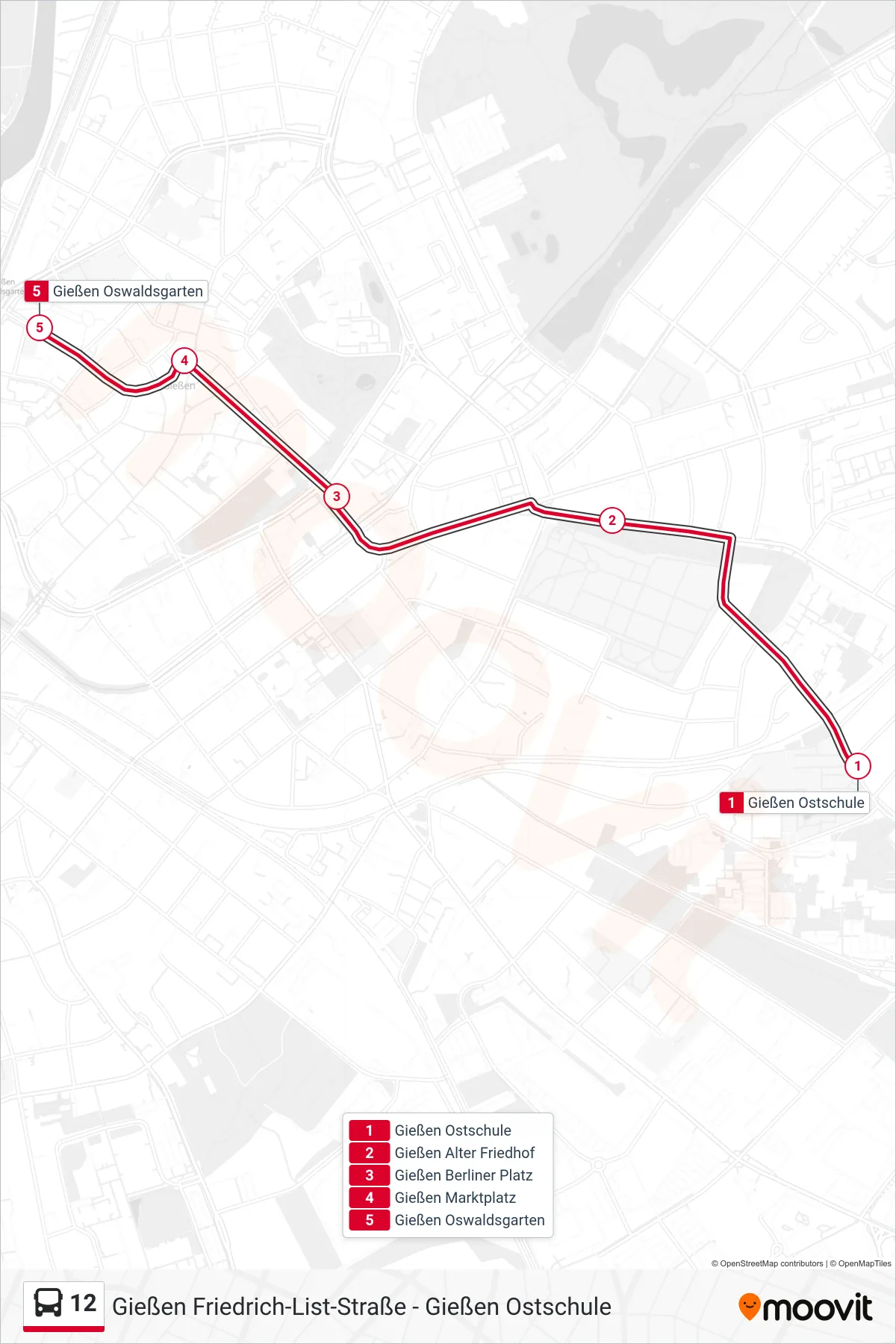 12 bus Line (Gießen Oswaldsgarten) route and stops on a map