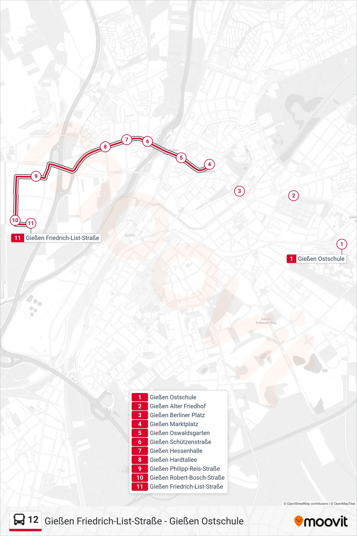 12 bus Line (Gießen Friedrich-List-Straße) route and stops on a map