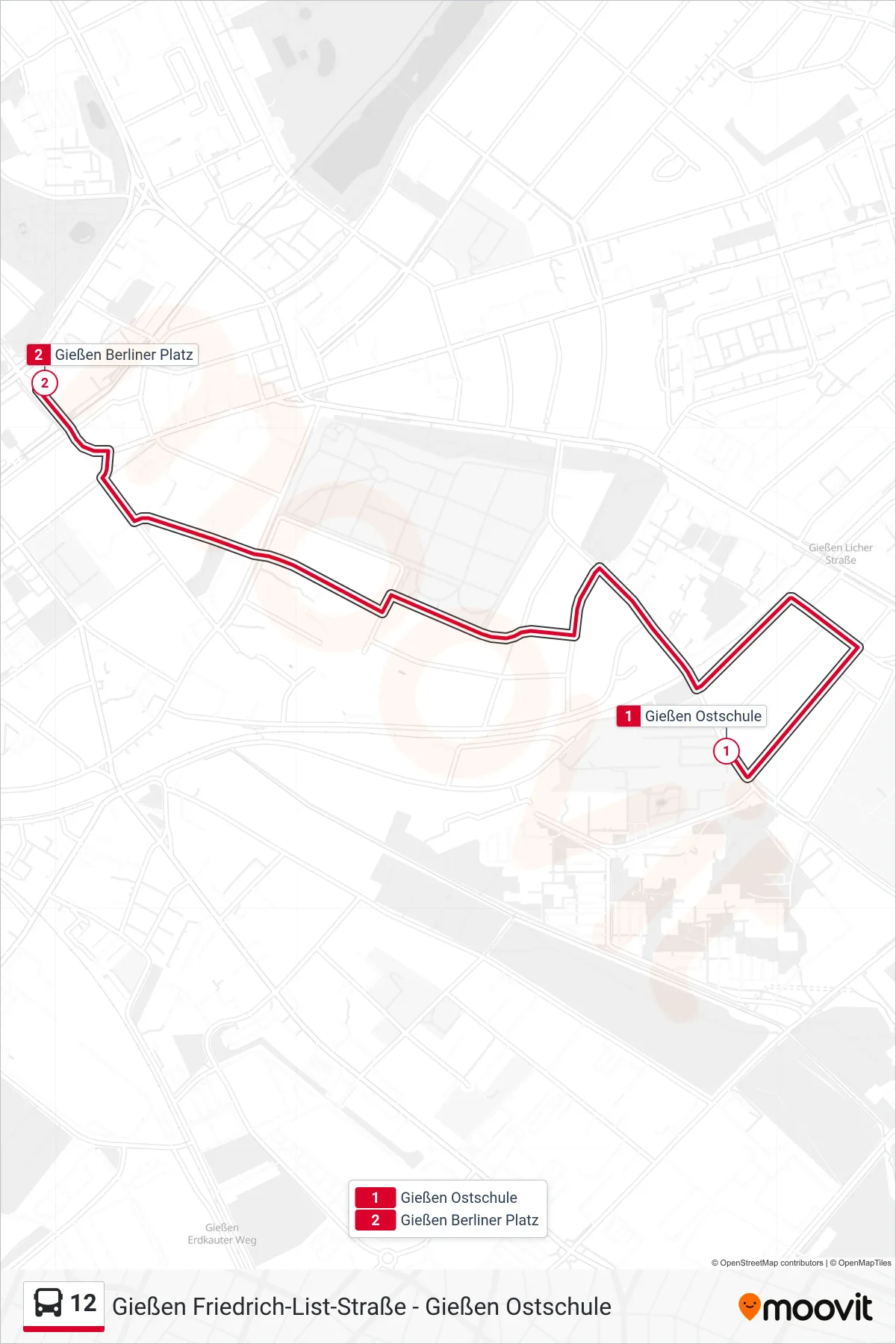 12 bus Line (Gießen Berliner Platz) route and stops on a map