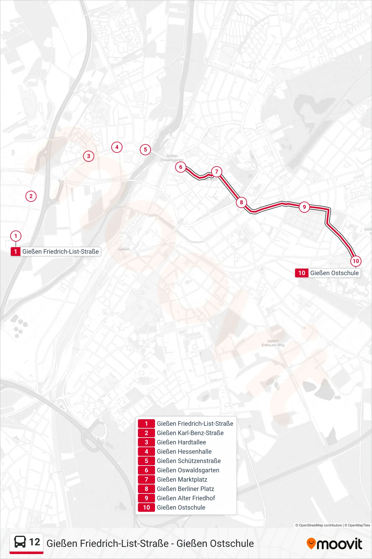 12 bus Line (Gießen Ostschule) route and stops on a map