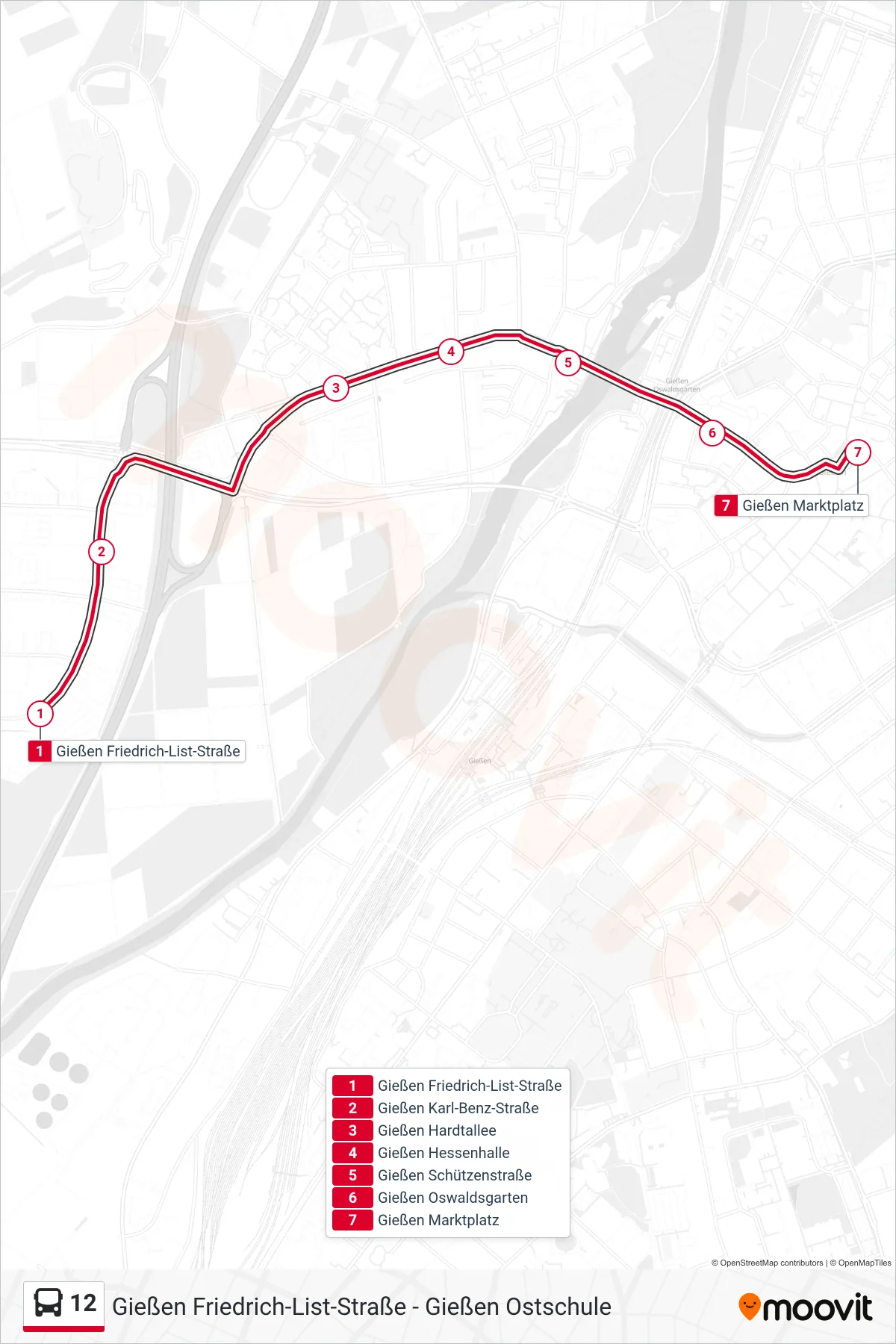 Linie 12 (Bus) Richtung Gießen Marktplatz: Route und Haltestellen auf der Karte