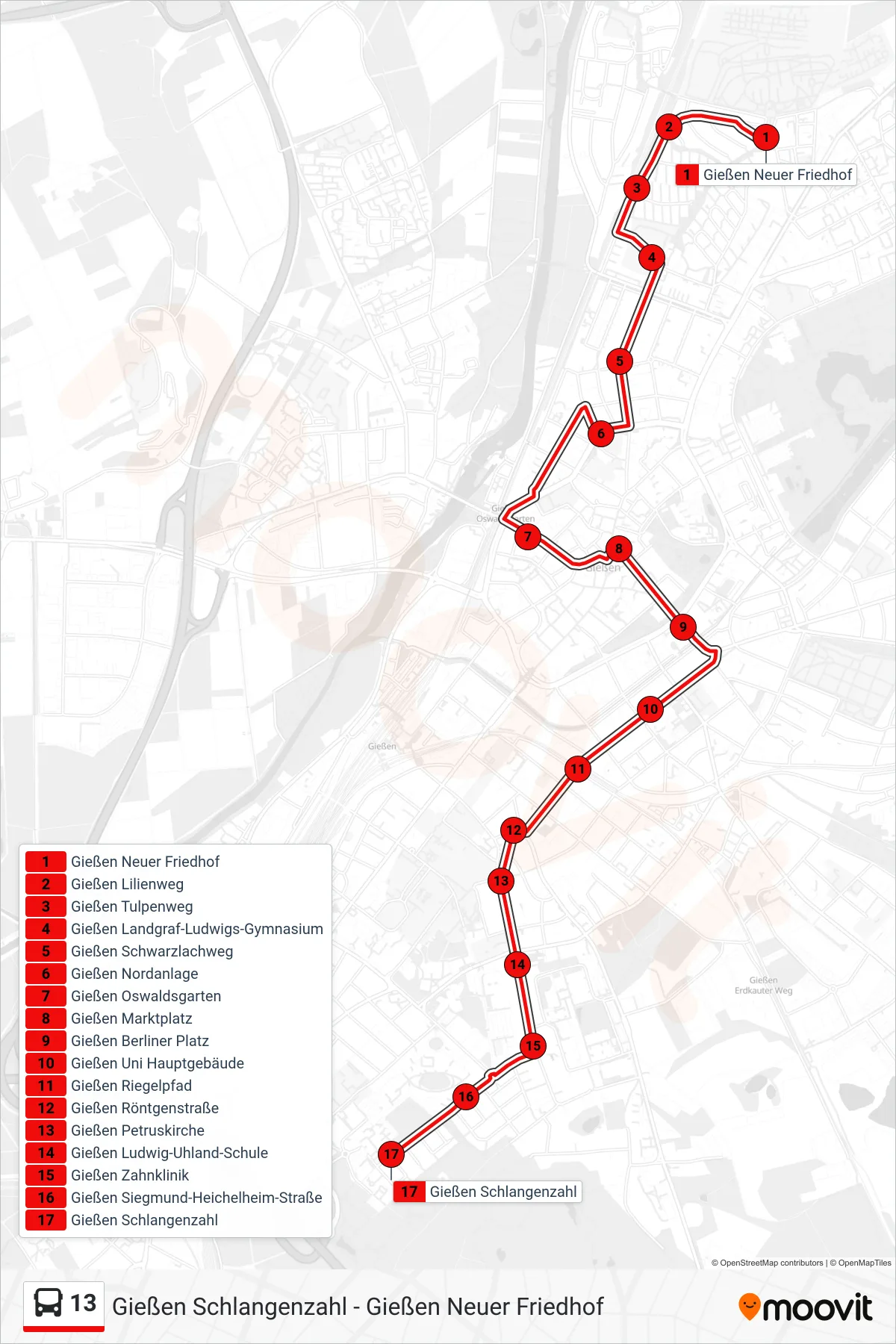 Linie 13 (Bus) Richtung Gießen Schlangenzahl: Route und Haltestellen auf der Karte