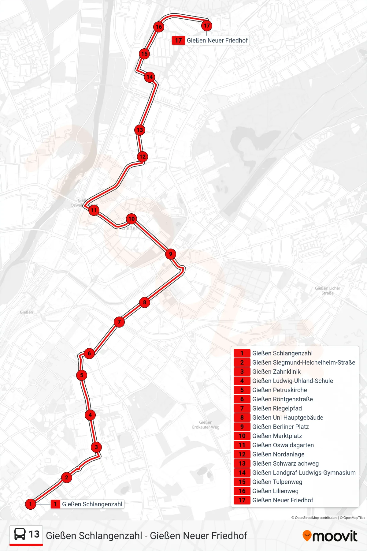 13 bus Line (Gießen Neuer Friedhof) route and stops on a map