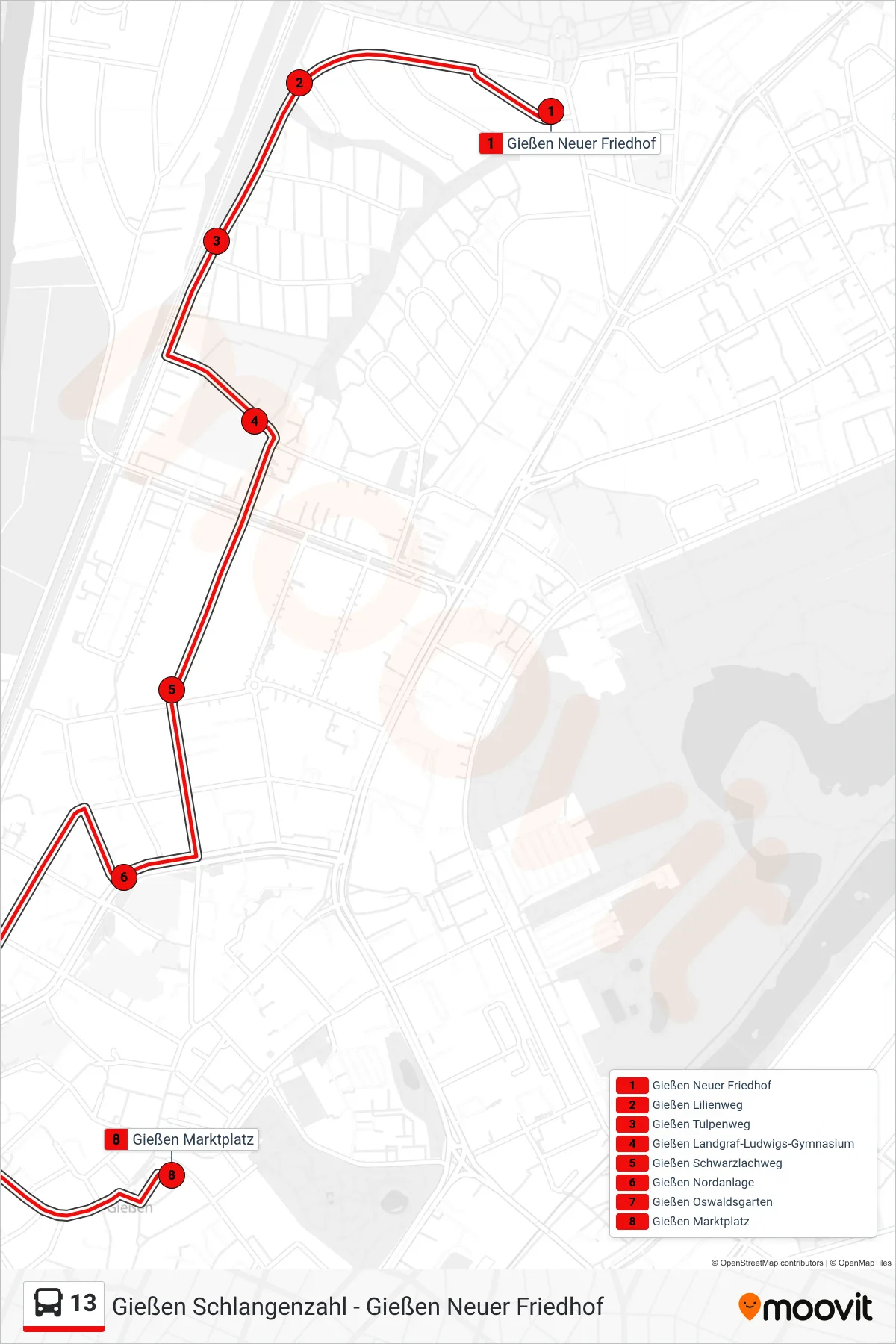 13 bus Line (Gießen Marktplatz) route and stops on a map