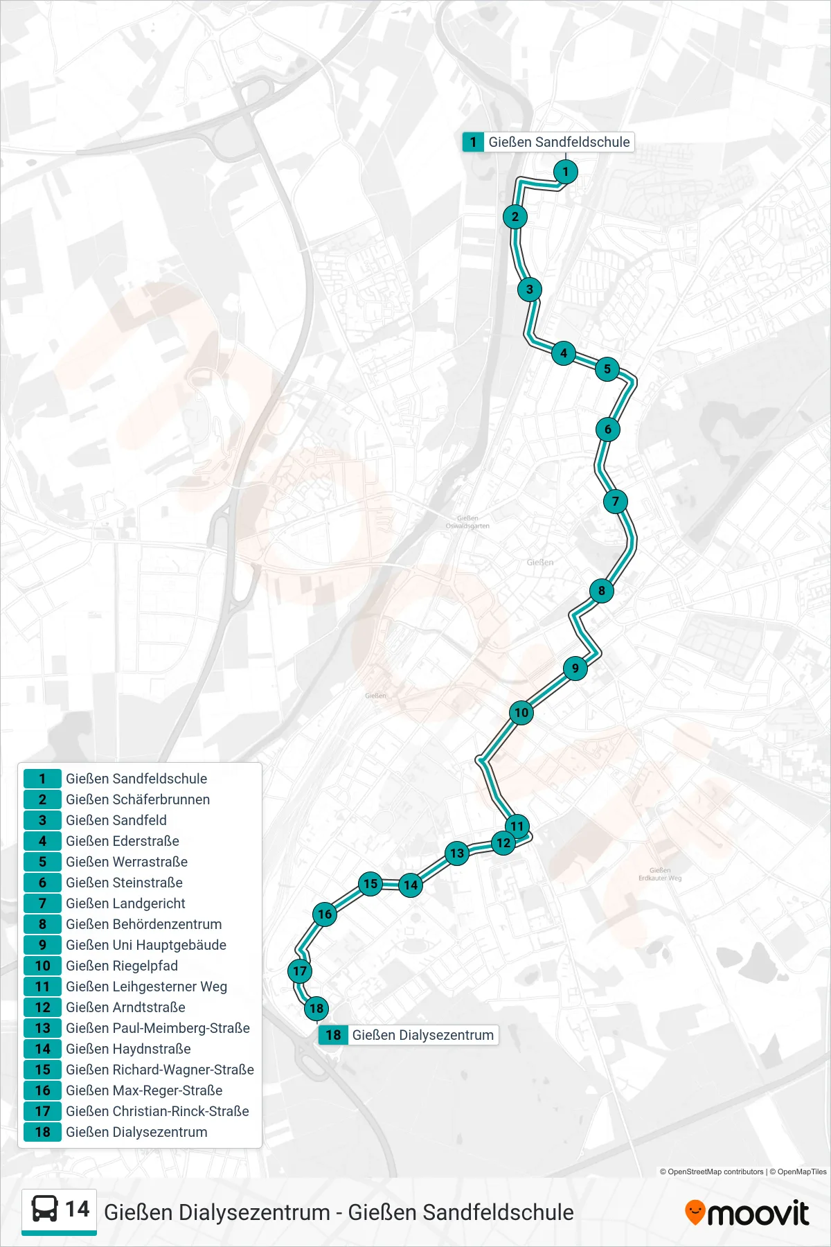 Linie 14 (Bus) Richtung Gießen Dialysezentrum: Route und Haltestellen auf der Karte