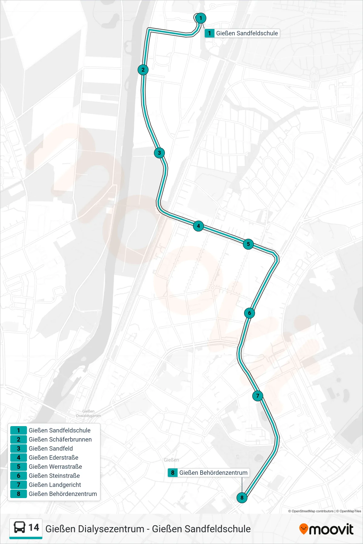 14 bus Line (Gießen Behördenzentrum) route and stops on a map
