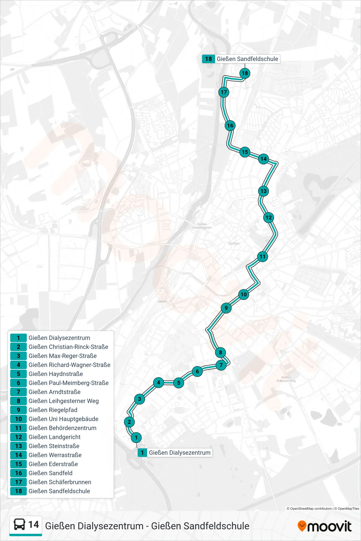 14 bus Line (Gießen Sandfeldschule) route and stops on a map