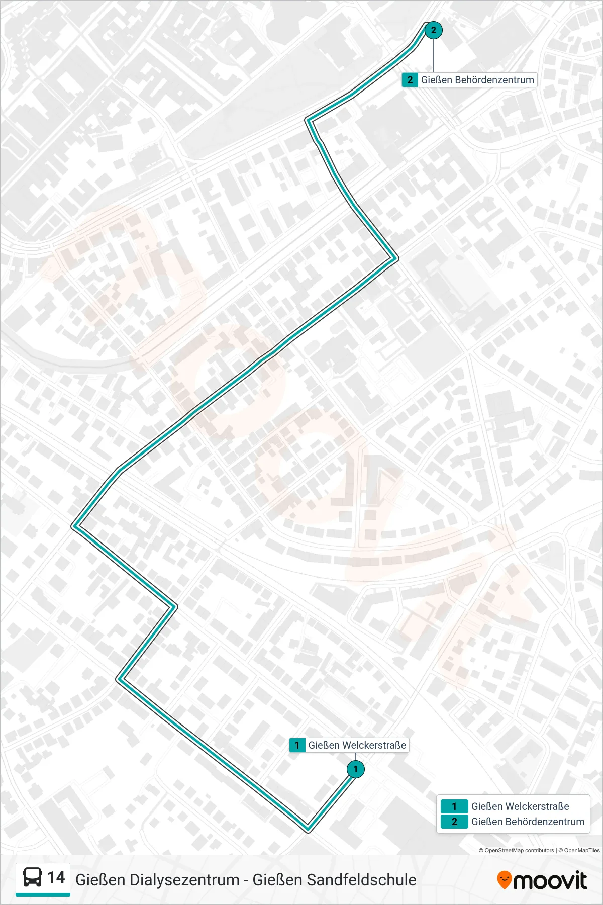 14 bus Line (Gießen Behördenzentrum) route and stops on a map