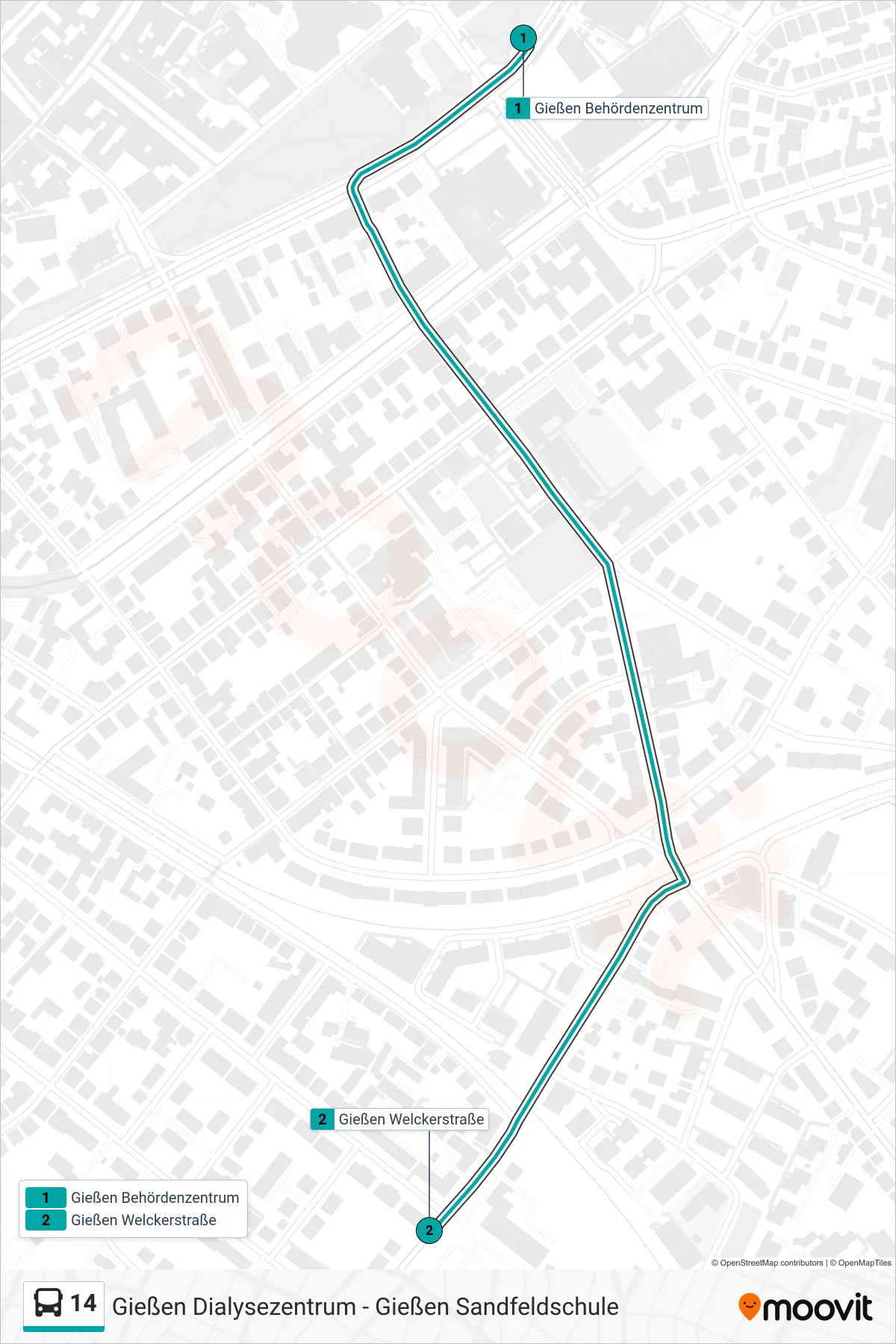 14 bus Line (Gießen Welckerstraße) route and stops on a map