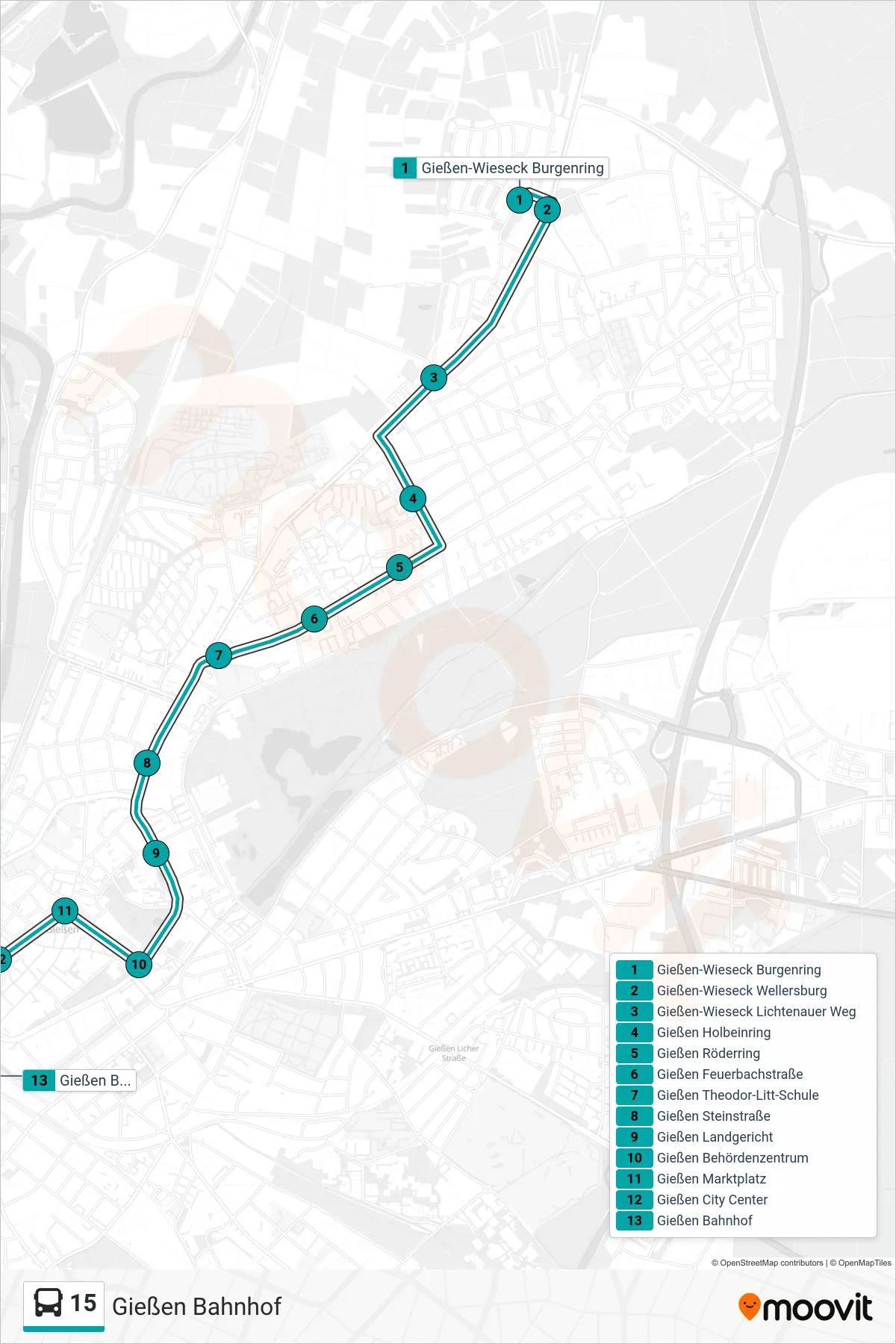 Linie 15 (Bus) Richtung Gießen Bahnhof: Route und Haltestellen auf der Karte