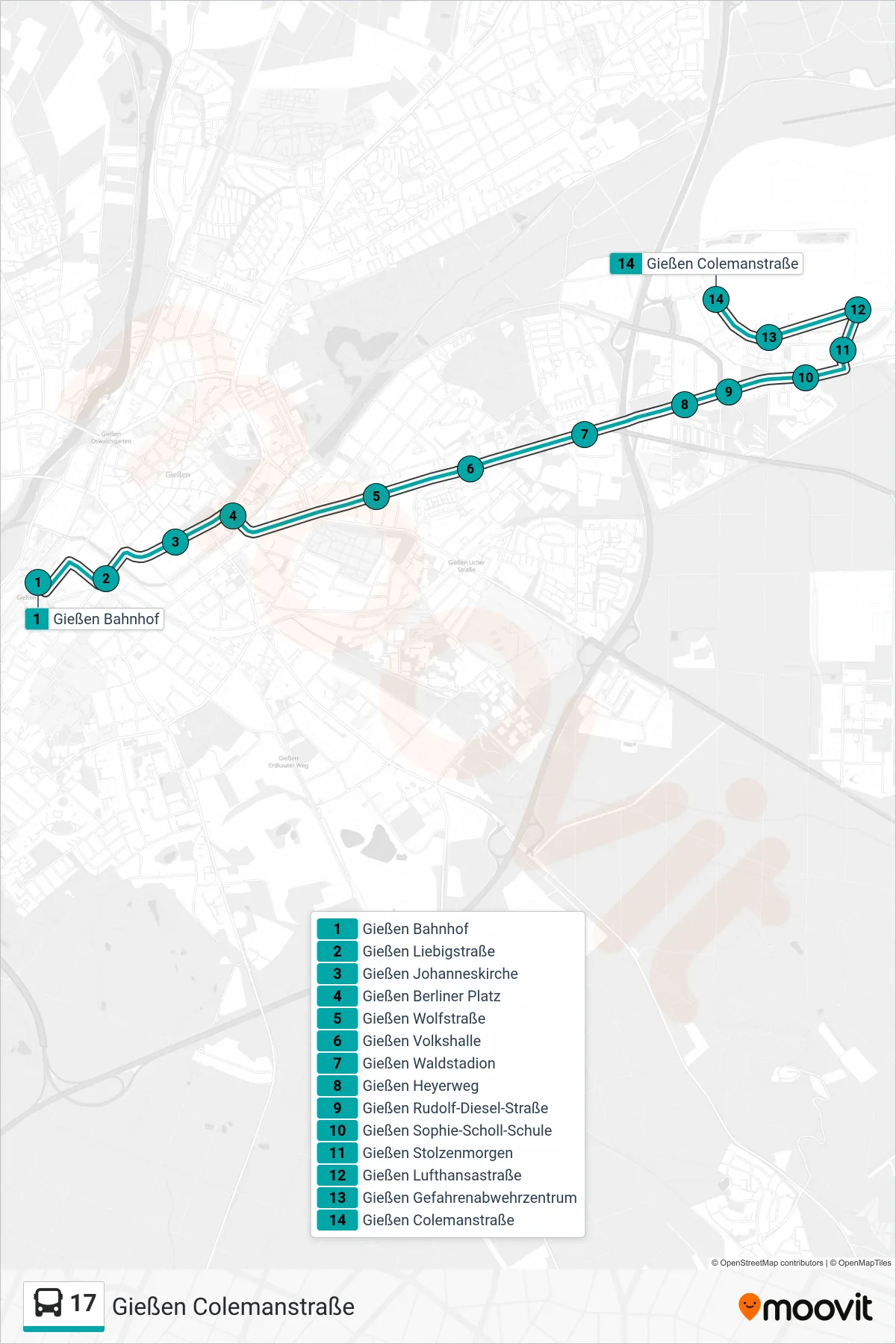 17 bus Line (Gießen Colemanstraße) route and stops on a map