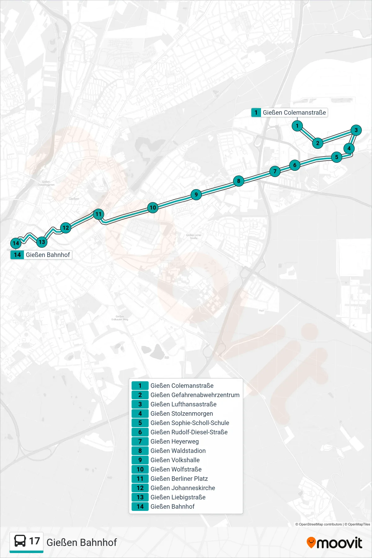 Linie 17 (Bus) Richtung Gießen Bahnhof: Route und Haltestellen auf der Karte