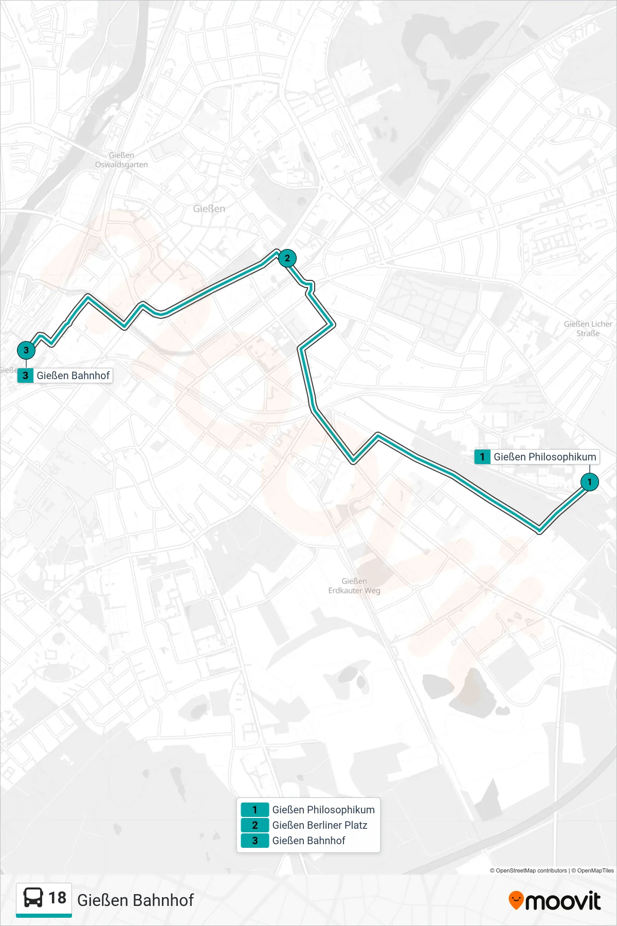 Linie 18 (Bus) Richtung Gießen Bahnhof: Route und Haltestellen auf der Karte