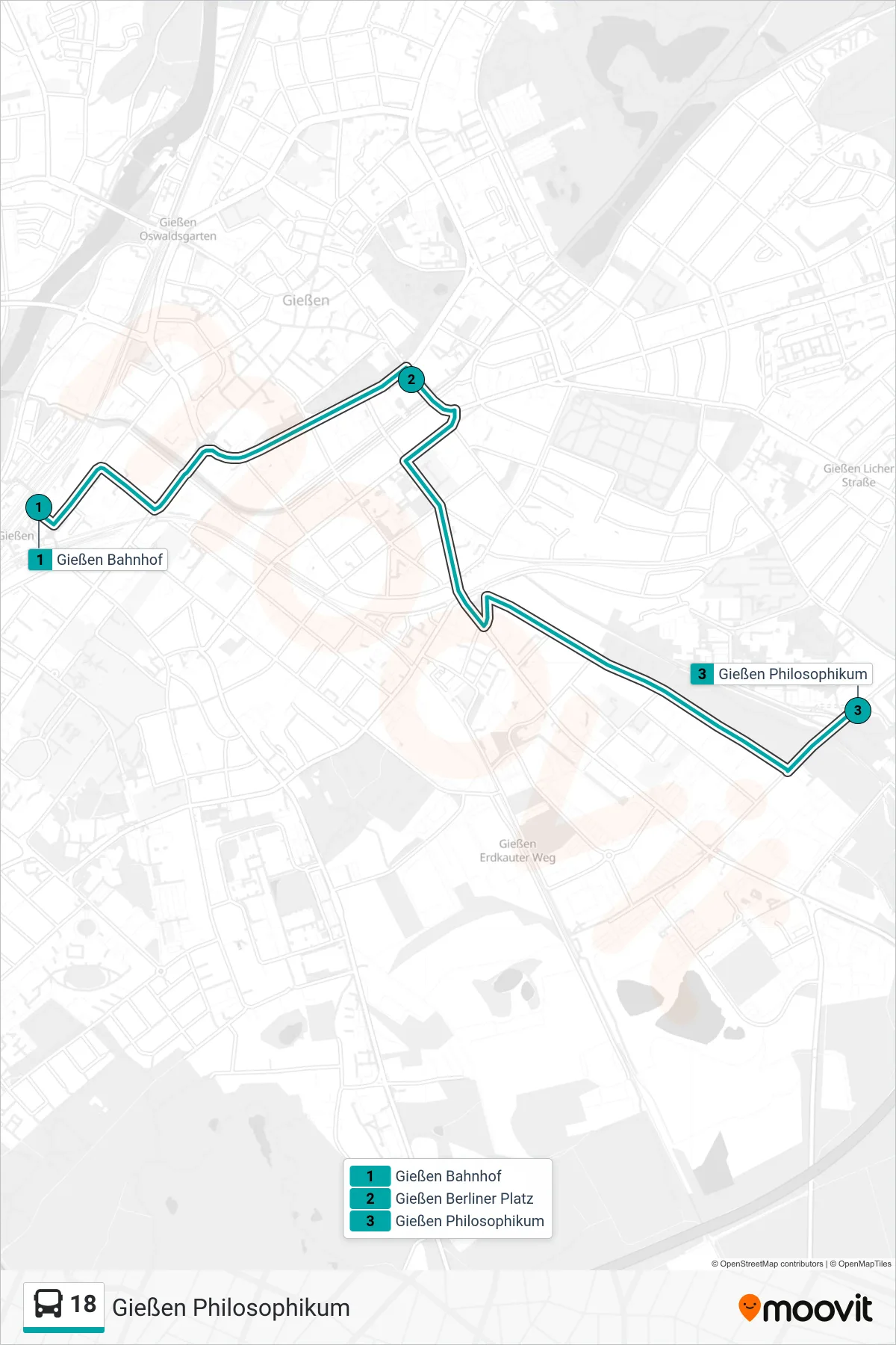 18 bus Line (Gießen Philosophikum) route and stops on a map