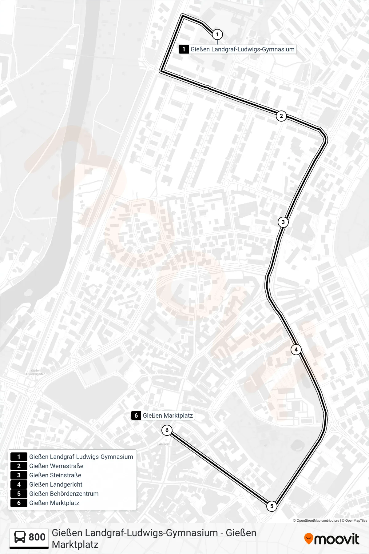 800 bus Line (Gießen Marktplatz) route and stops on a map