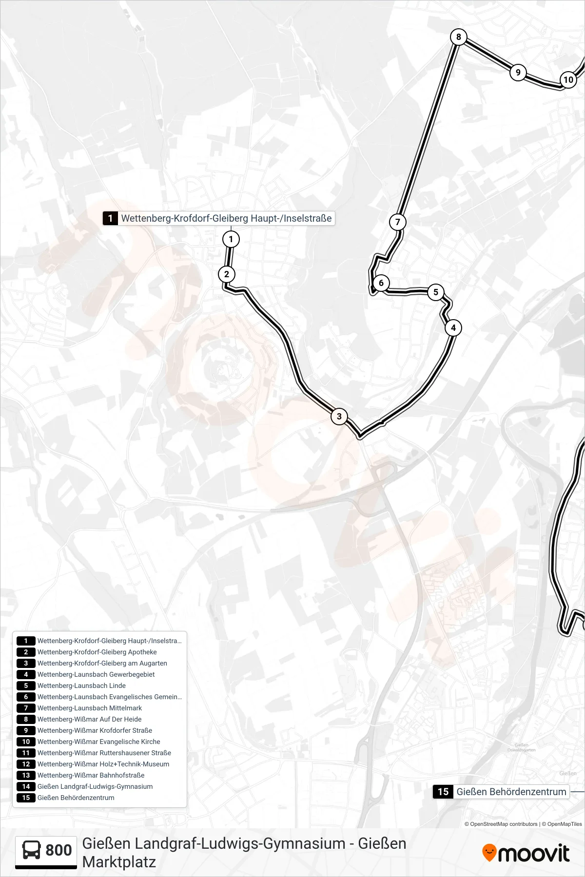 800 bus Line (Gießen Behördenzentrum) route and stops on a map
