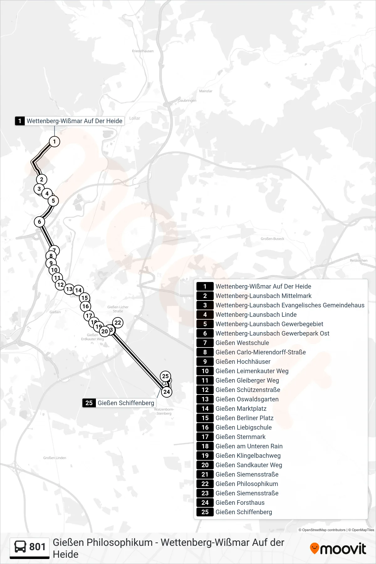 Linie 801 (Bus) Richtung Gießen Schiffenberg: Route und Haltestellen auf der Karte