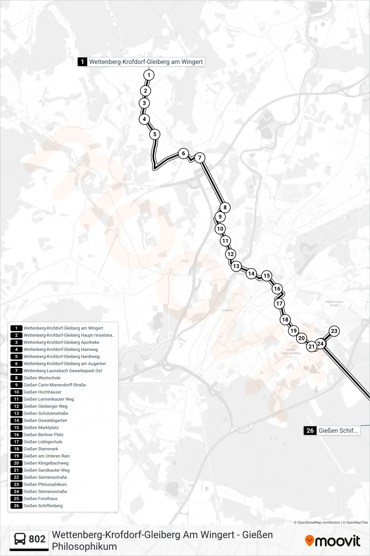 802 bus Line (Gießen Schiffenberg) route and stops on a map