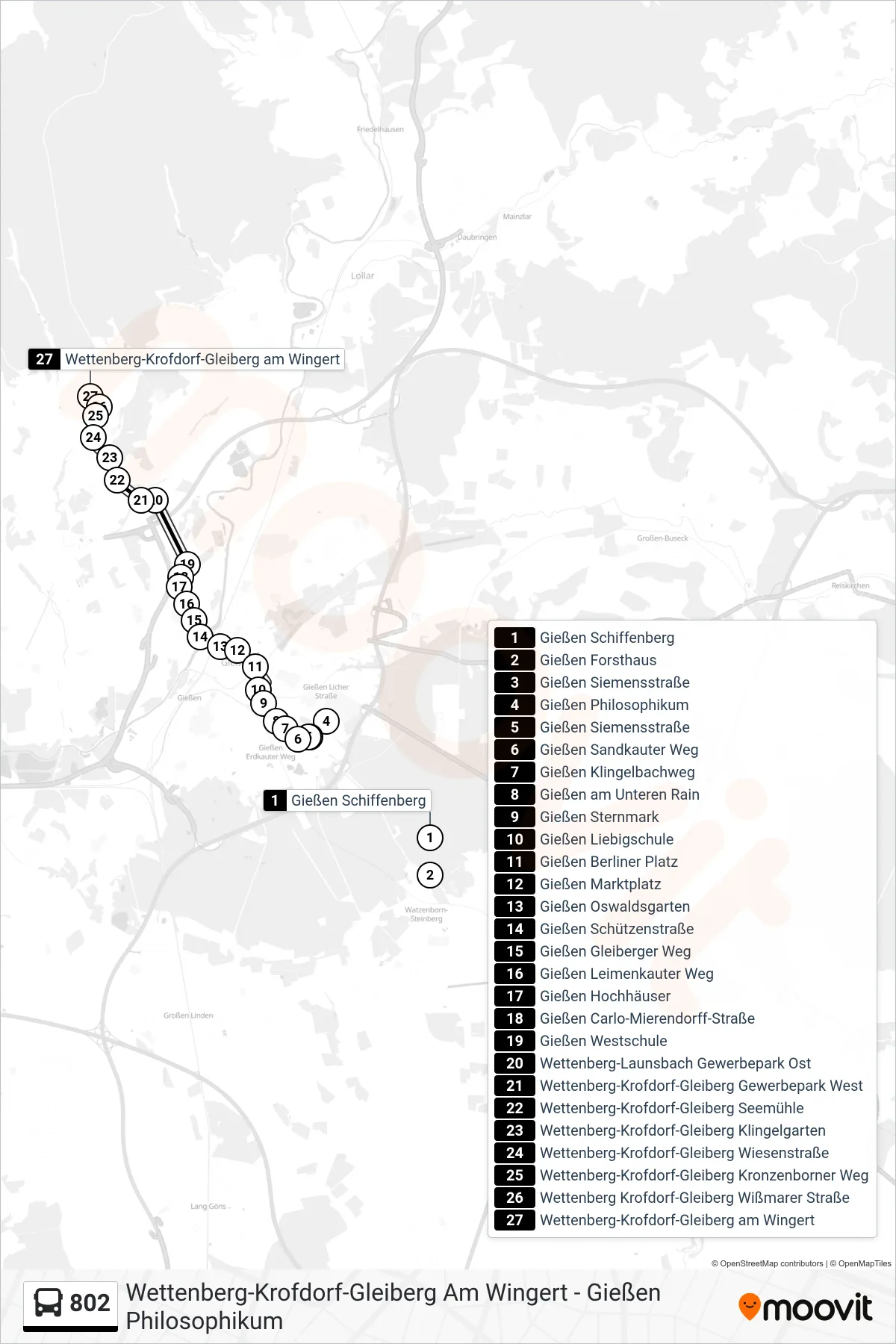 802 bus Line (Wettenberg-Krofdorf-Gleiberg am Wingert) route and stops on a map