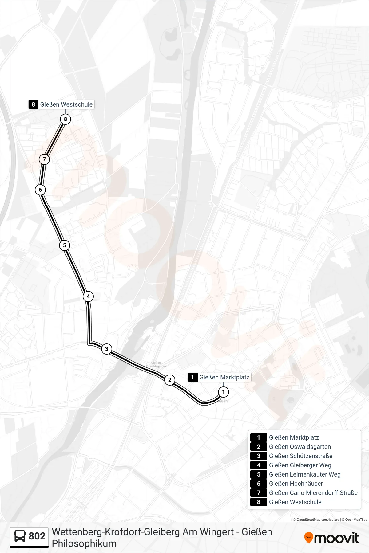 802 bus Line (Gießen Westschule) route and stops on a map
