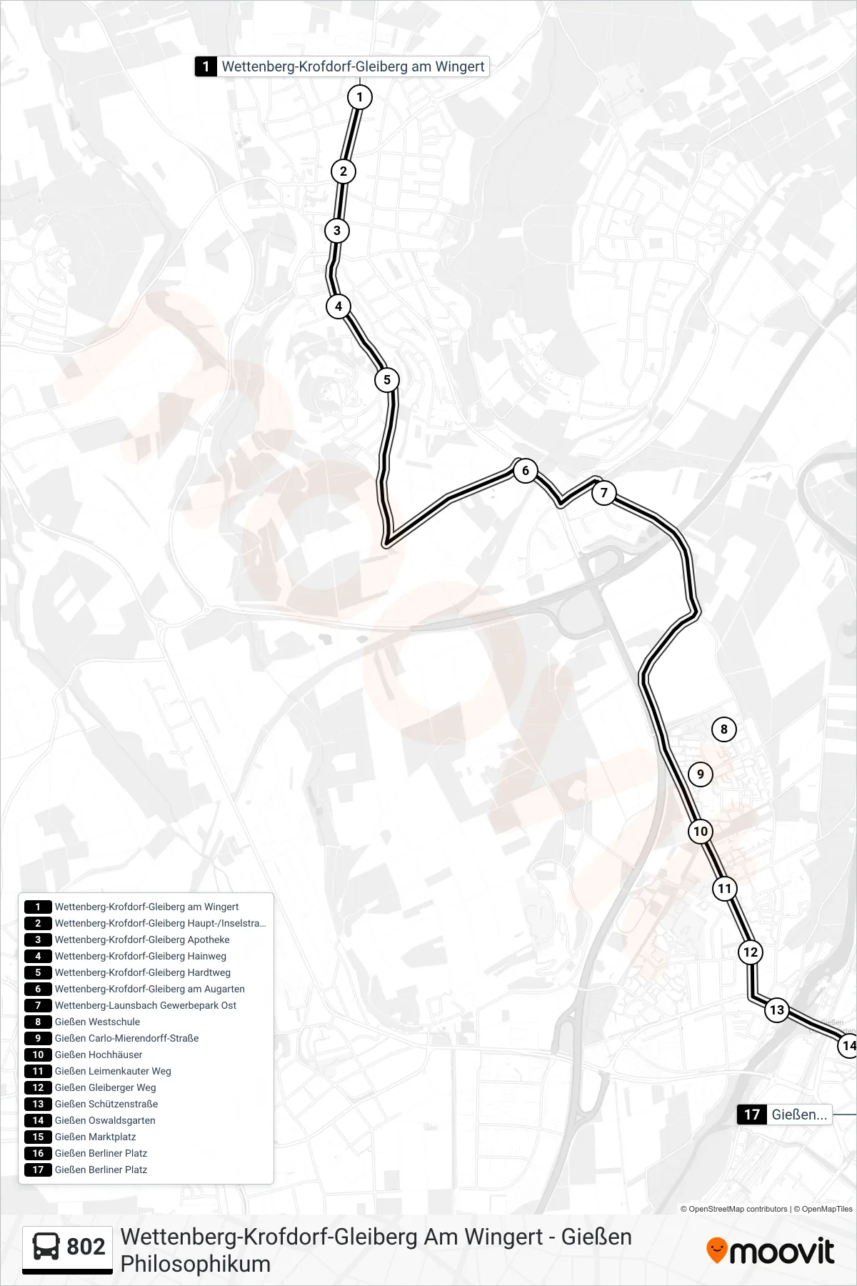 802 bus Line (Gießen Berliner Platz) route and stops on a map