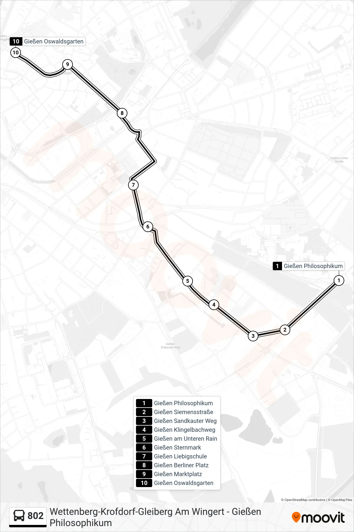 802 bus Line (Gießen Oswaldsgarten) route and stops on a map