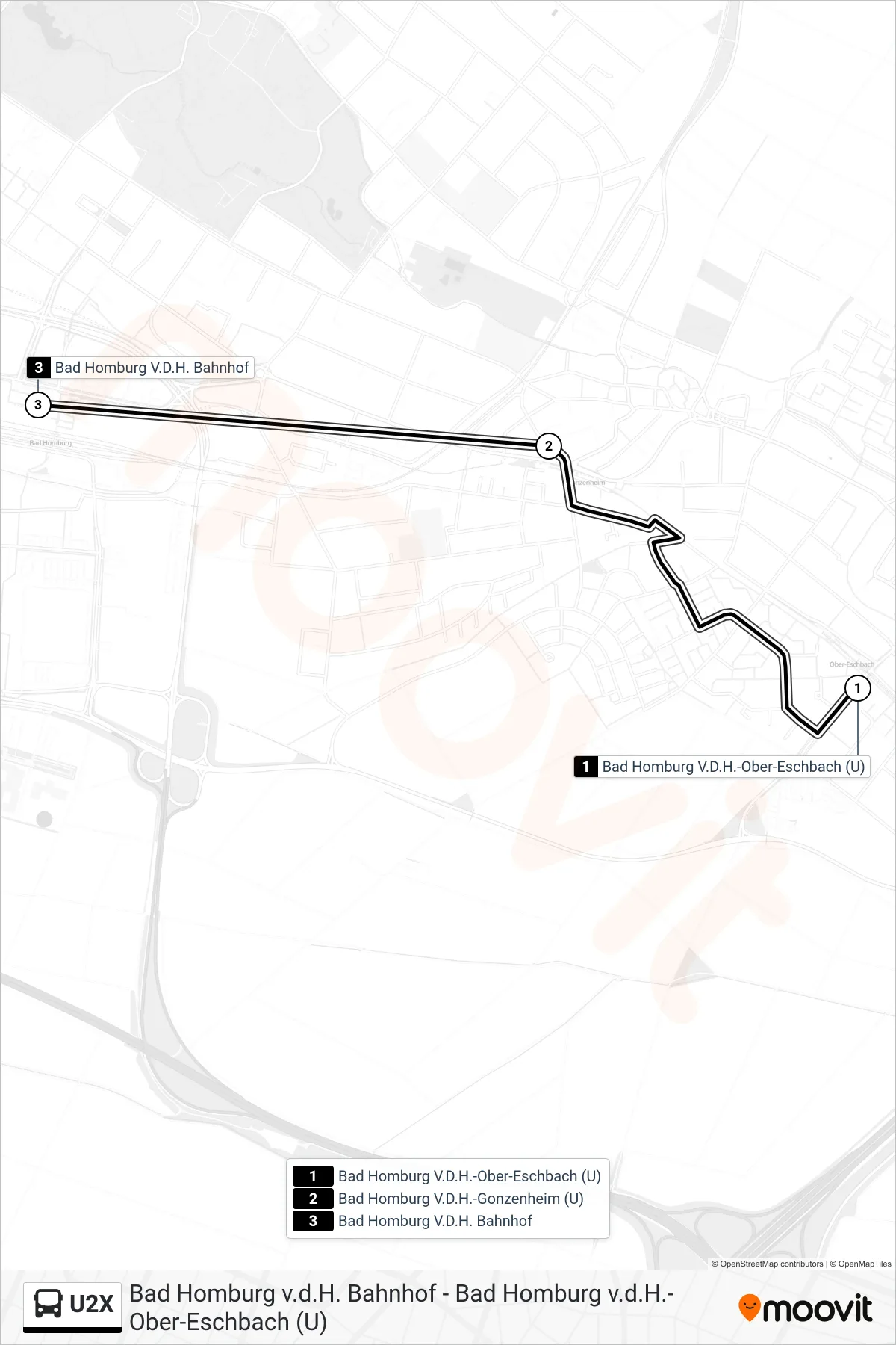 Linie U2X (Bus) Richtung Bad Homburg V.D.H. Bahnhof: Route und Haltestellen auf der Karte