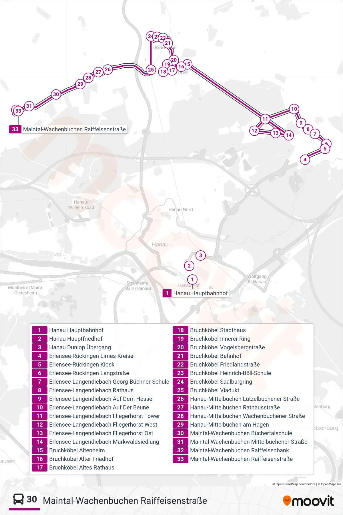30 bus Line (Maintal-Wachenbuchen Raiffeisenstraße) route and stops on a map
