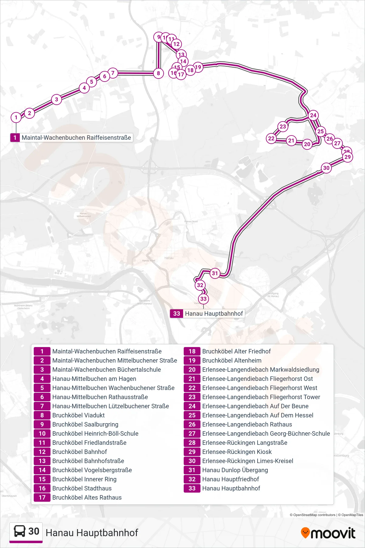 30 bus Line (Hanau Hauptbahnhof) route and stops on a map