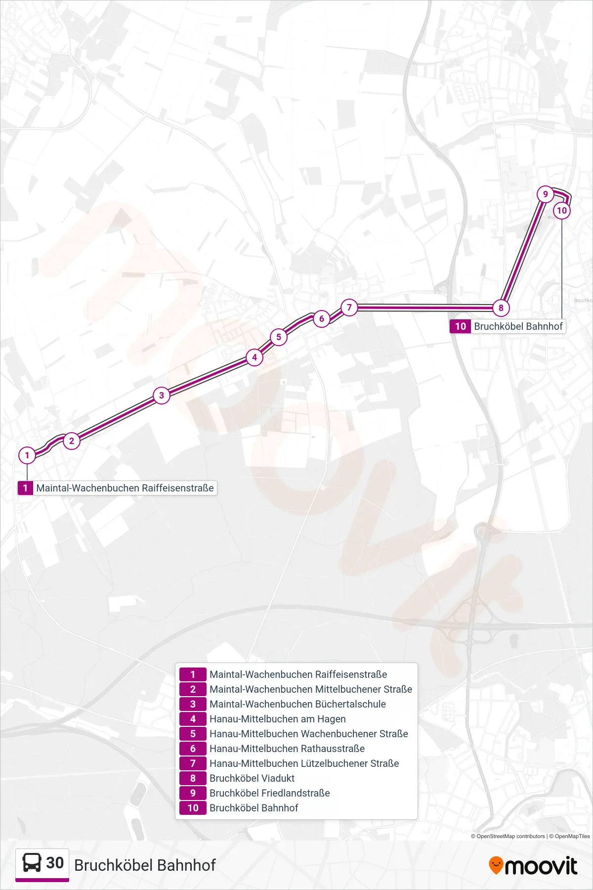 30 bus Line (Bruchköbel Bahnhof) route and stops on a map