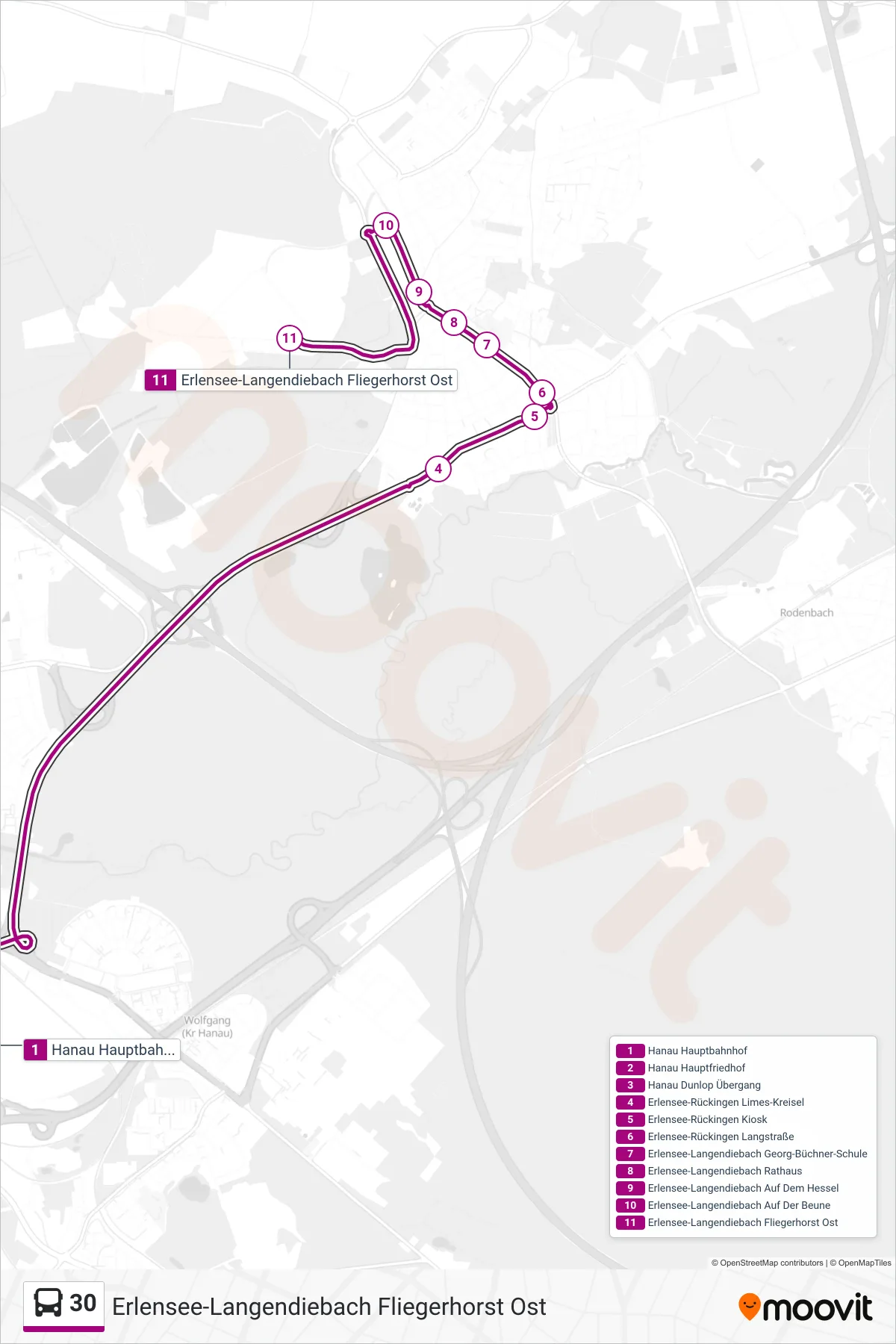 30 bus Line (Erlensee-Langendiebach Fliegerhorst Ost) route and stops on a map