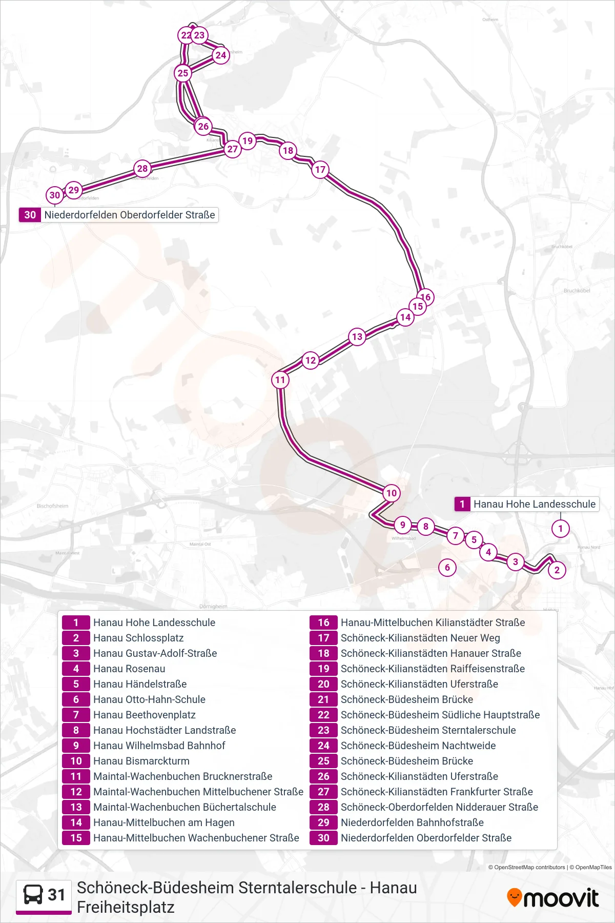 31 bus Line (Niederdorfelden Oberdorfelder Straße) route and stops on a map