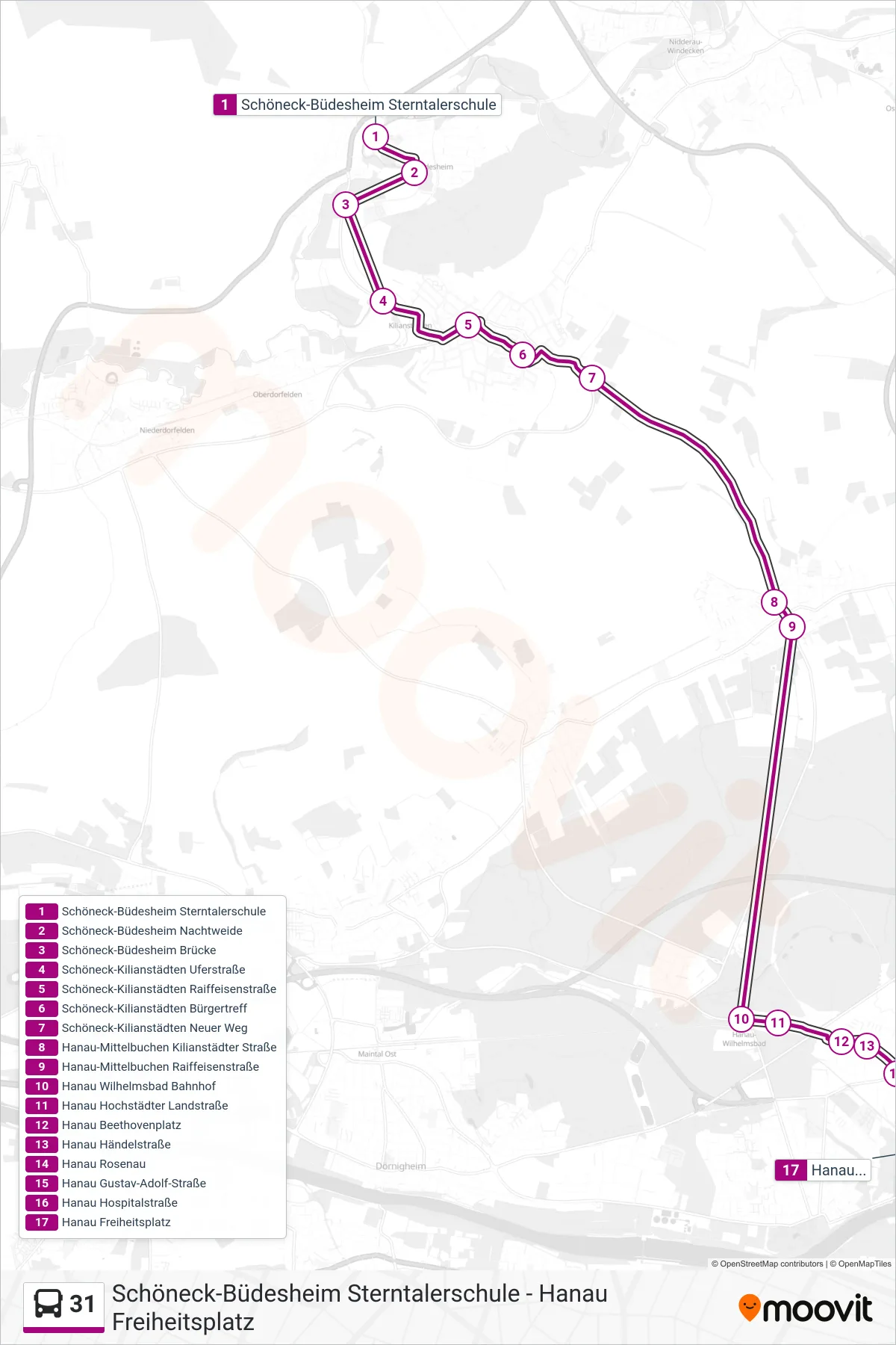 31 bus Line (Hanau Freiheitsplatz) route and stops on a map