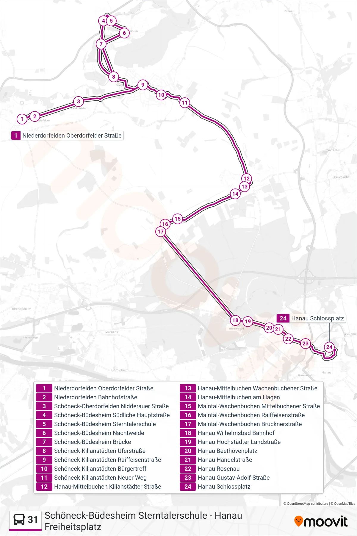 31 bus Line (Hanau Schlossplatz) route and stops on a map