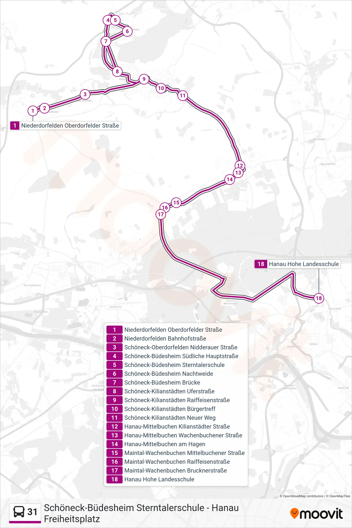 31 bus Line (Hanau Hohe Landesschule) route and stops on a map