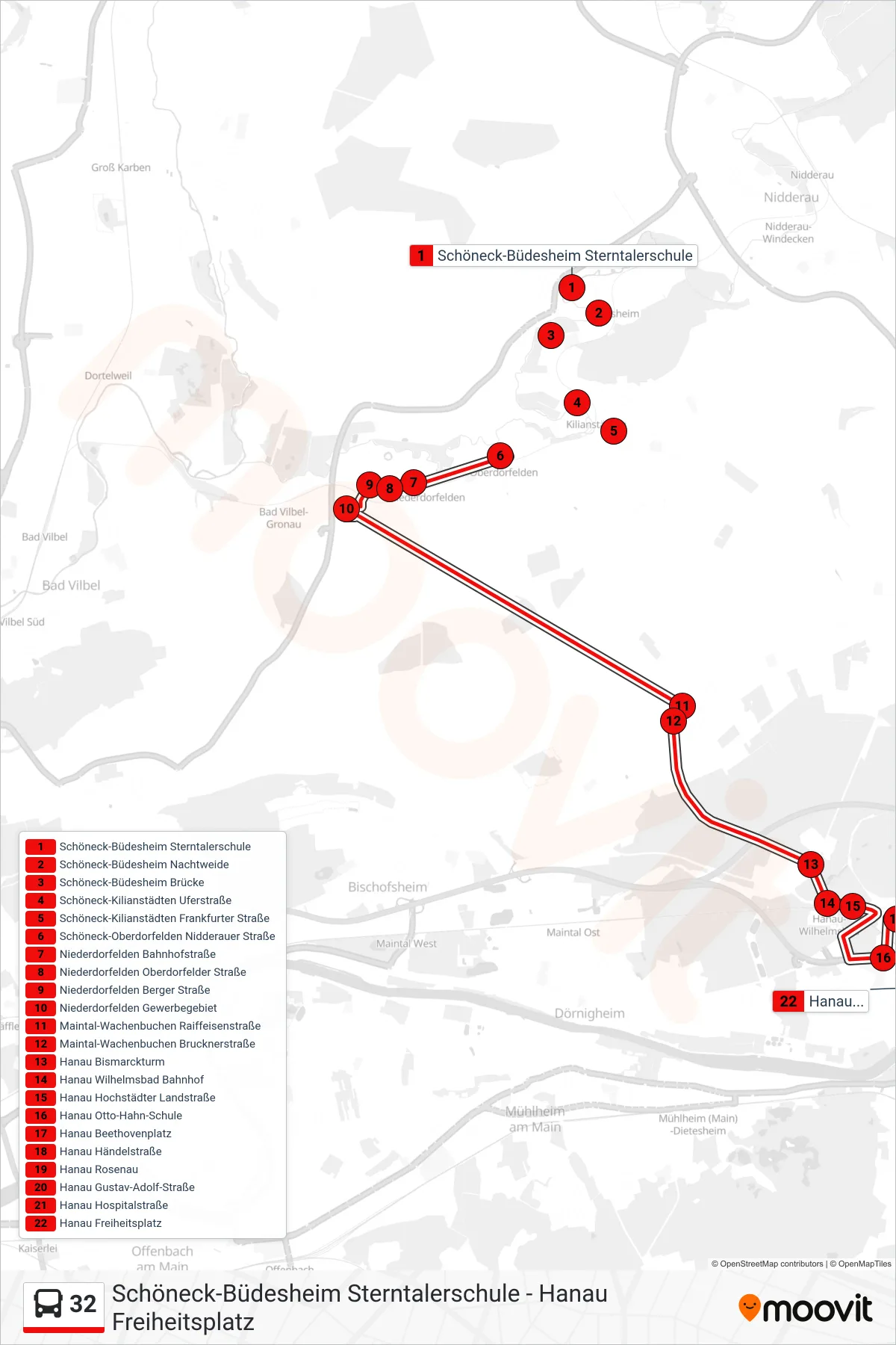 32 bus Line (Hanau Freiheitsplatz) route and stops on a map