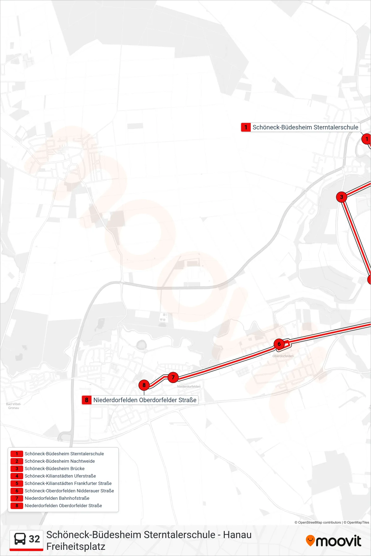 32 bus Line (Niederdorfelden Oberdorfelder Straße) route and stops on a map