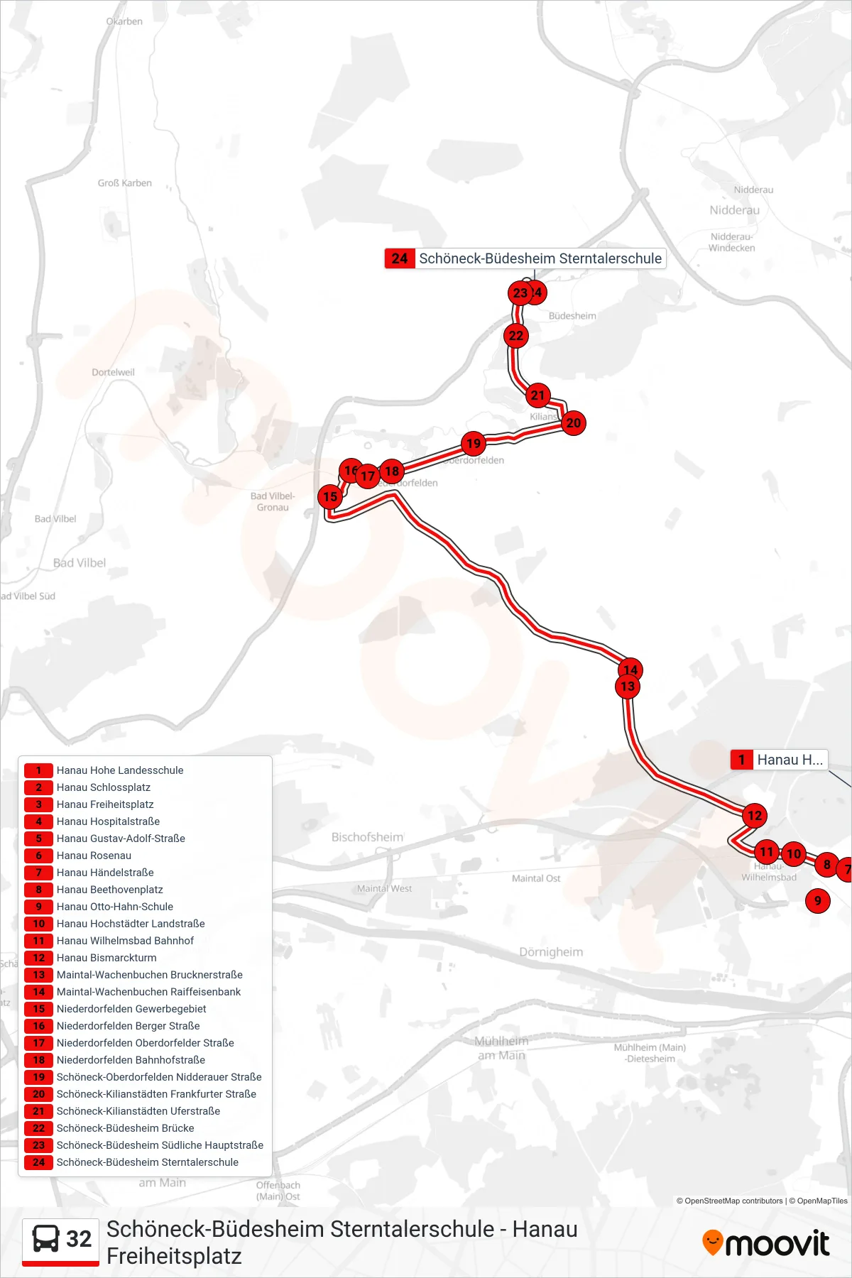 Linie 32 (Bus) Richtung Schöneck-Büdesheim Sterntalerschule: Route und Haltestellen auf der Karte