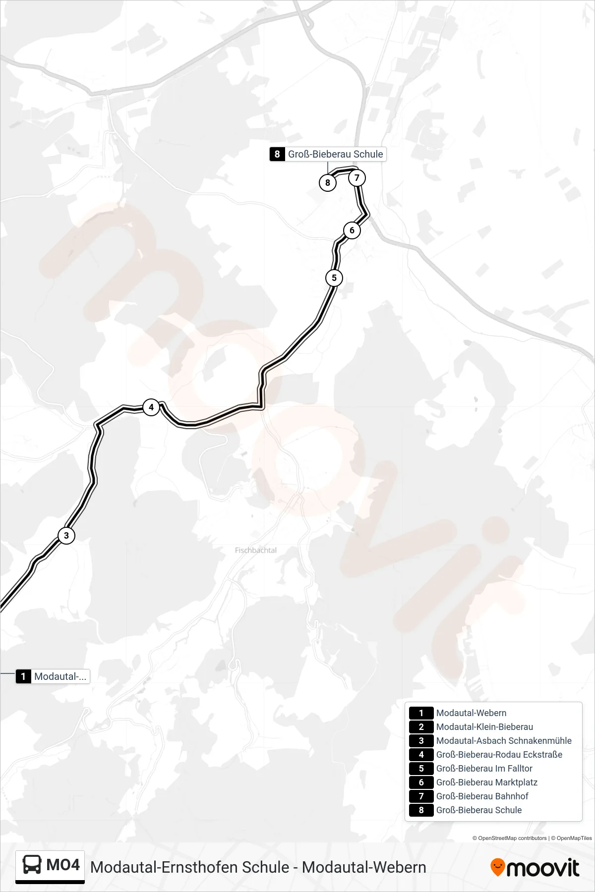 MO4 bus Line (Groß-Bieberau Schule) route and stops on a map