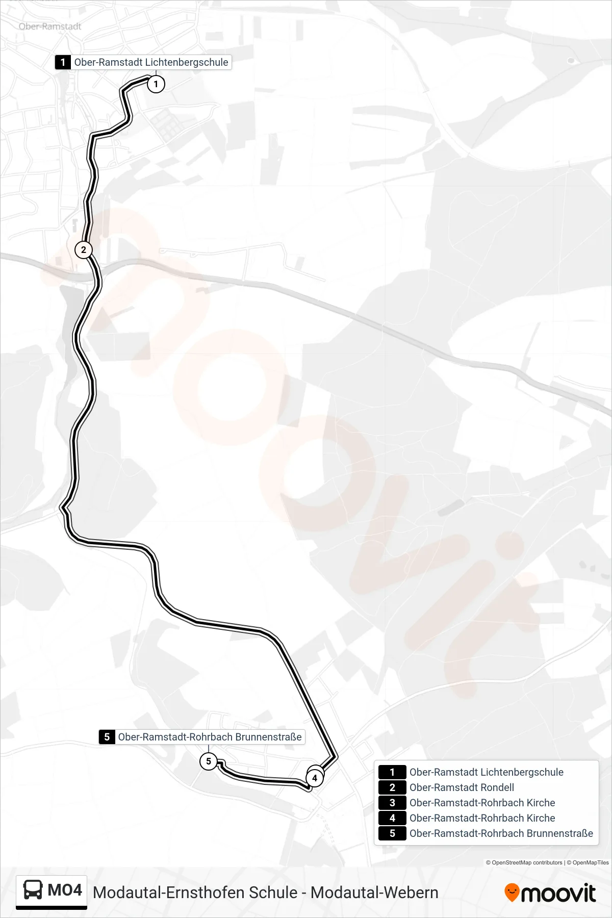 MO4 bus Line (Ober-Ramstadt-Rohrbach Brunnenstraße) route and stops on a map
