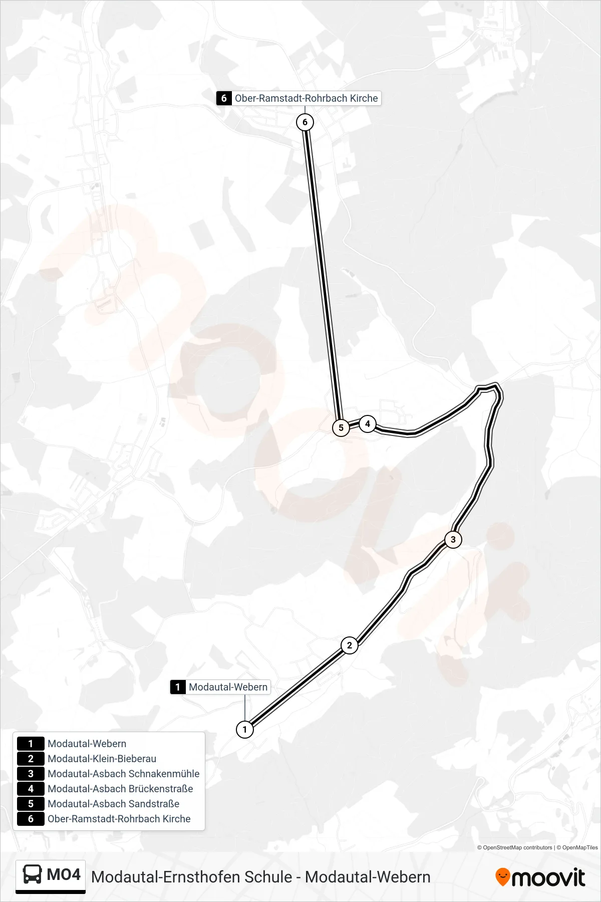 MO4 bus Line (Ober-Ramstadt-Rohrbach Kirche) route and stops on a map