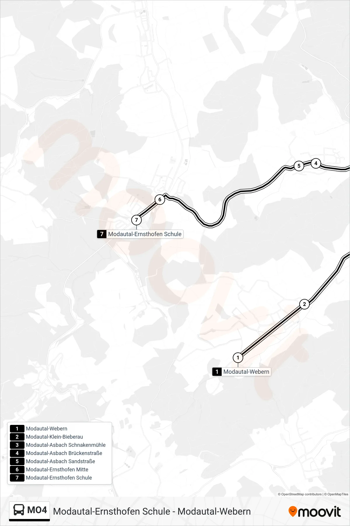 MO4 bus Line (Modautal-Ernsthofen Schule) route and stops on a map