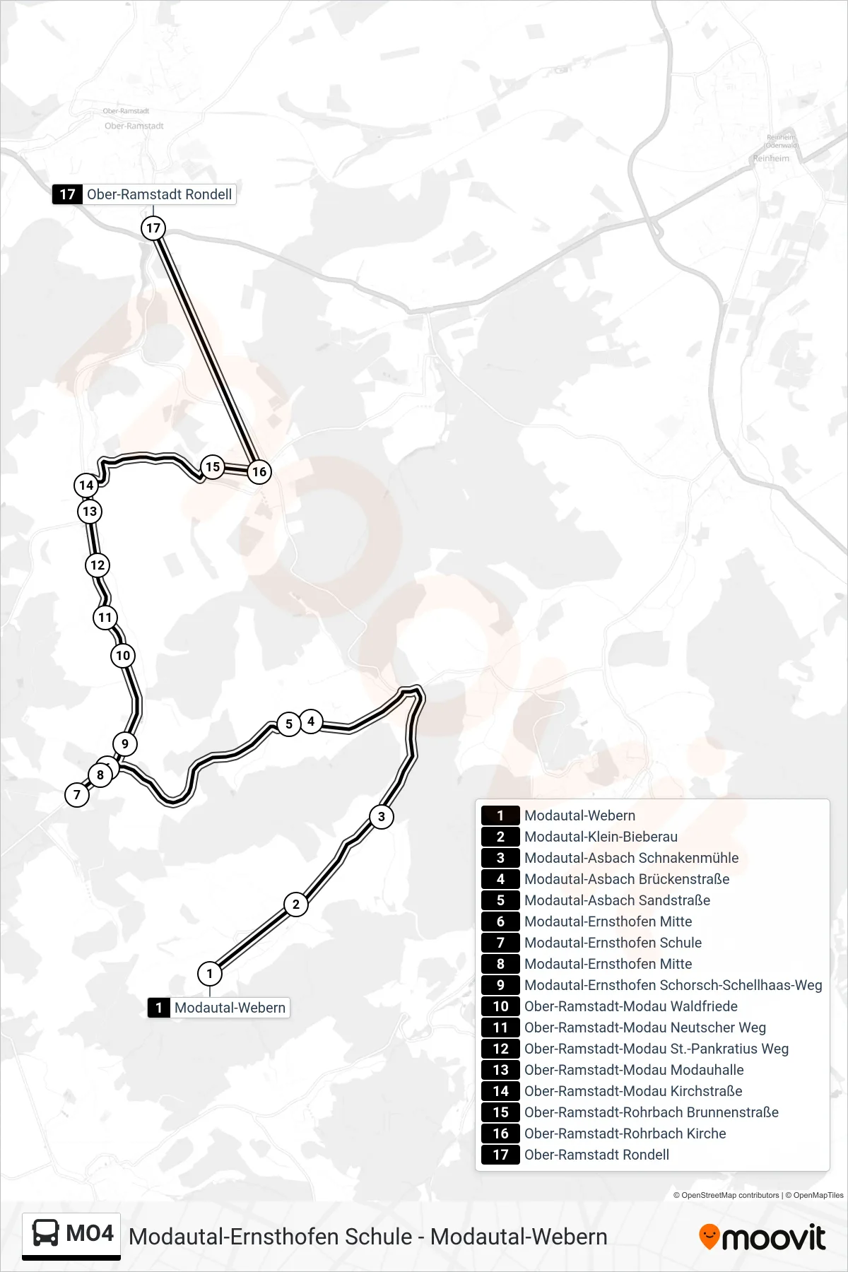 Linie MO4 (Bus) Richtung Ober-Ramstadt Rondell: Route und Haltestellen auf der Karte