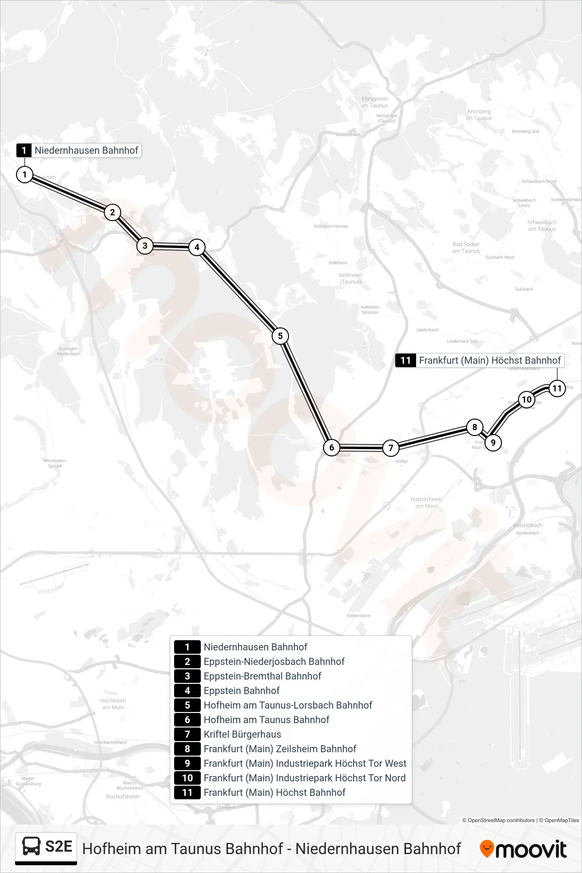 Linie S2E (Bus) Richtung Frankfurt Höchst Bf/Leverkuser Straße: Route und Haltestellen auf der Karte